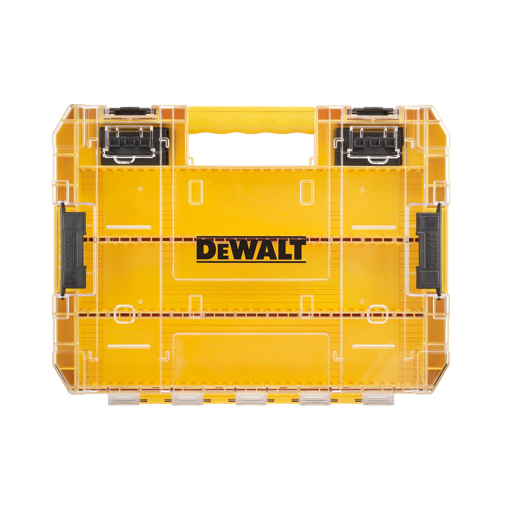 A yellow DEWALT plastic storage case with a transparent lid, black latches, and a handle, photographed against a white background.