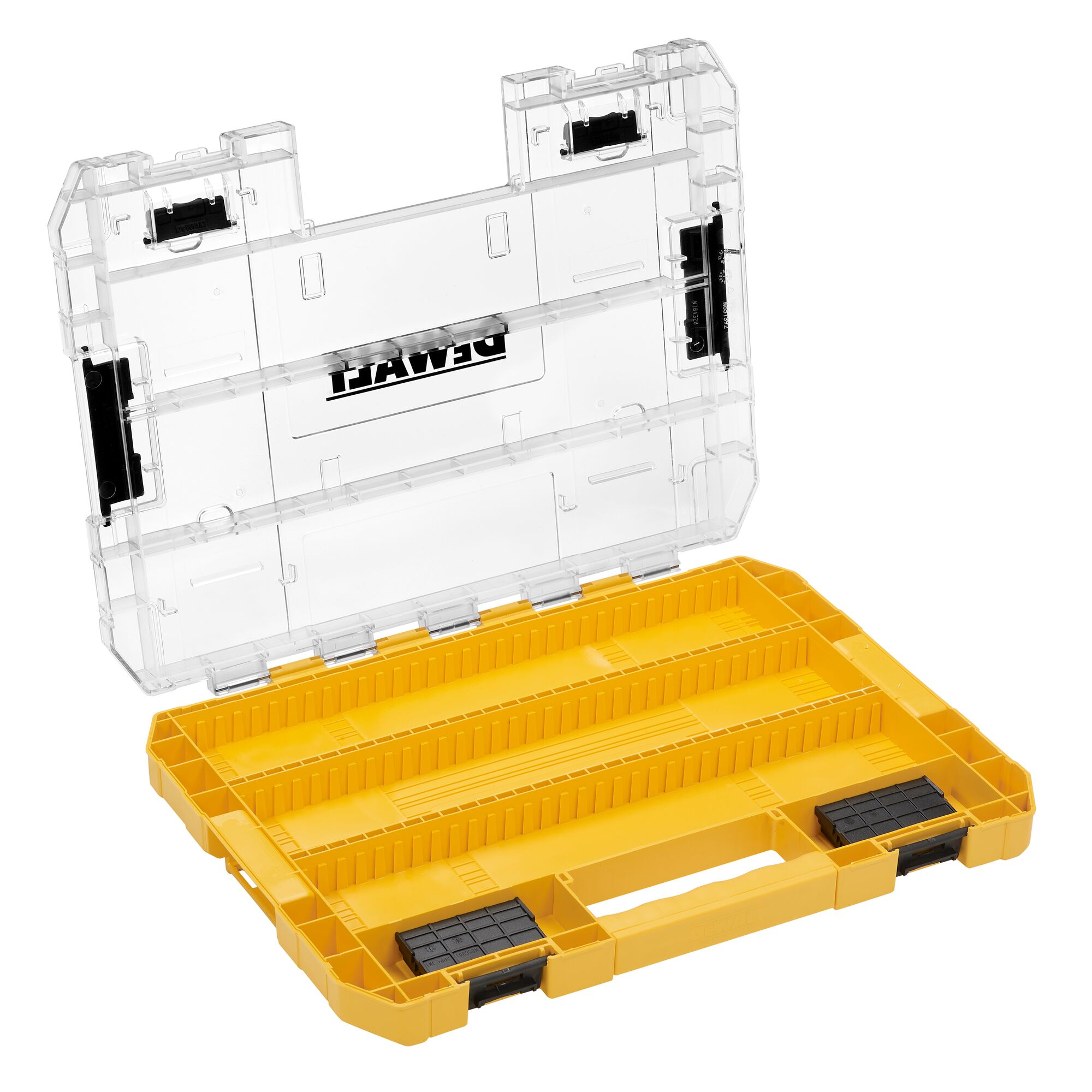 An open DEWALT yellow and transparent plastic organizer case with multiple compartments for storing small items. The lid is clear and features black latches for secure closure.