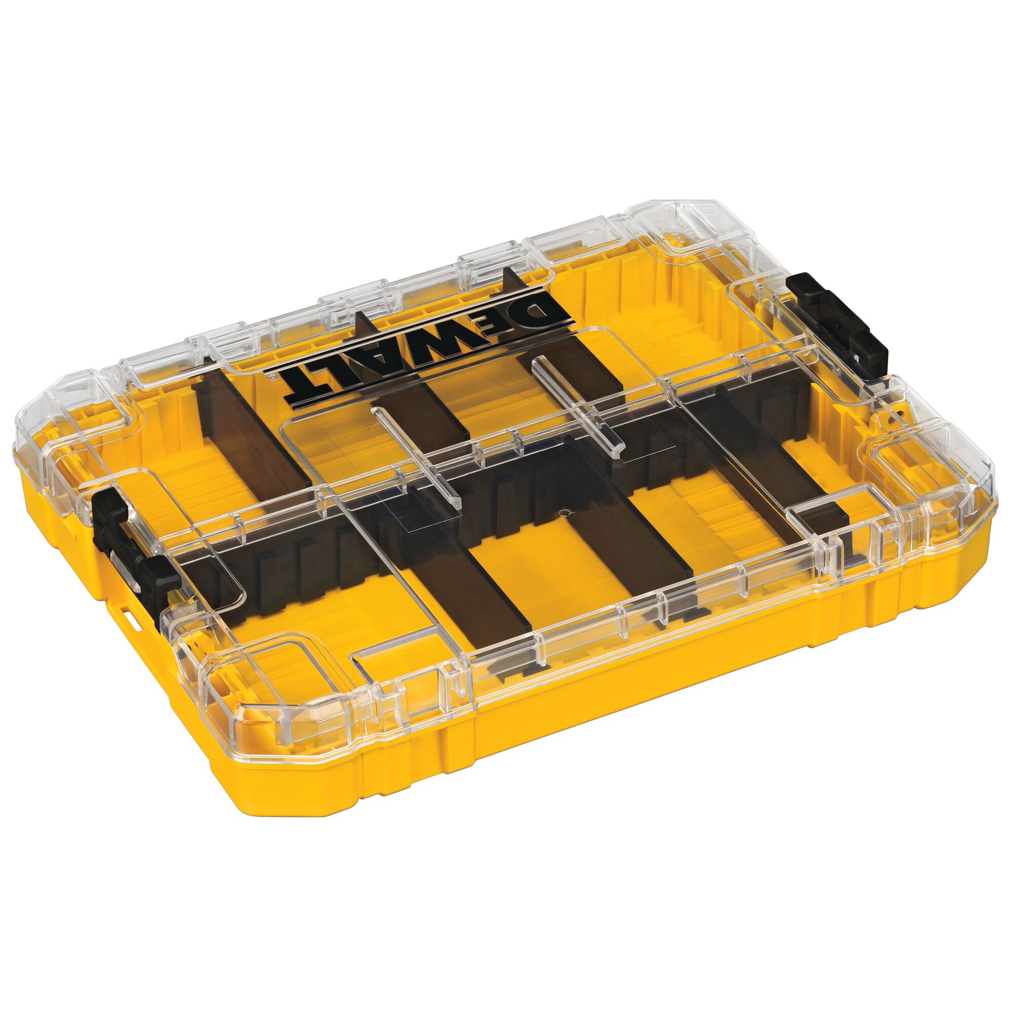 A DEWALT yellow and black plastic organizer case with a transparent lid, featuring compartments for storing small tools or parts.