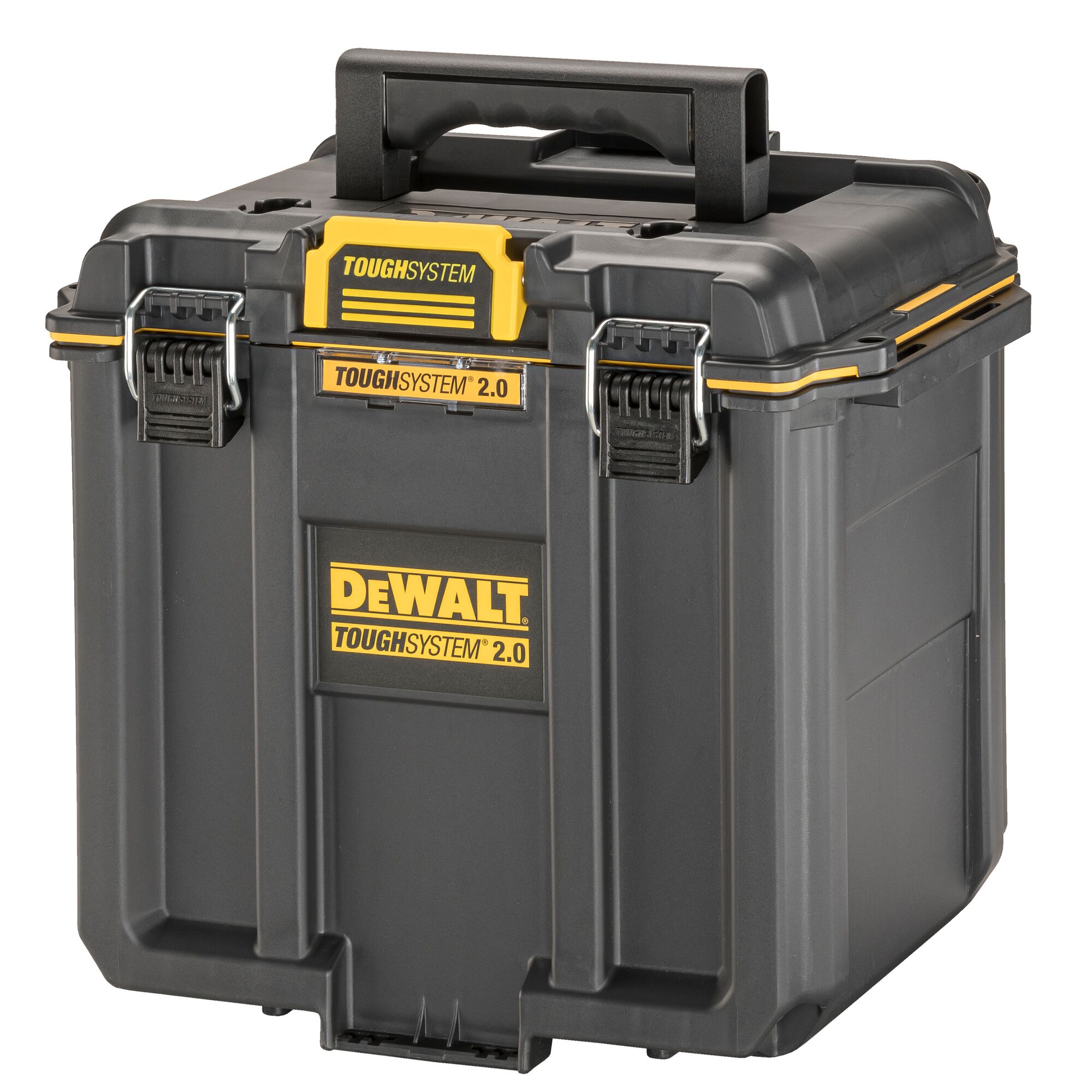 A DEWALT ToughSystem 2.0 portable tool storage box, black with yellow accents, featuring sturdy metal latches and a plastic handle on top.
