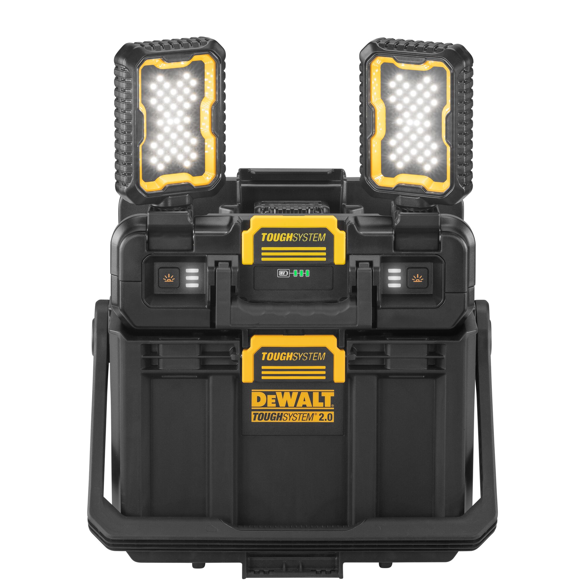 TOUGHSYSTEM 2.0 Cordless Adjustable Work Light and Storage front view with headlights up and on