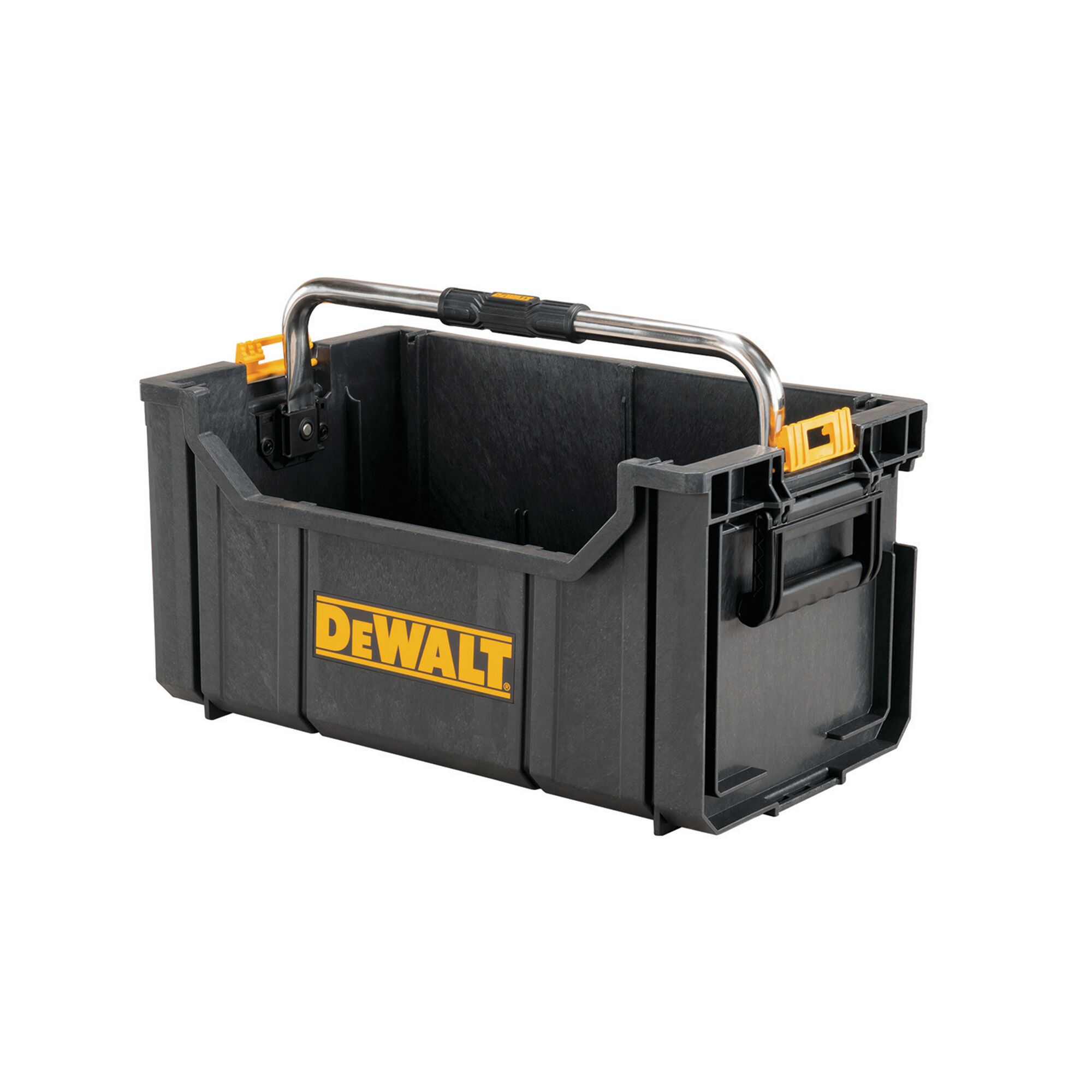 A black DEWALT tool tote with a metal handle and yellow accents. The tote is rectangular, sturdy, and open at the top for easy access to tools.