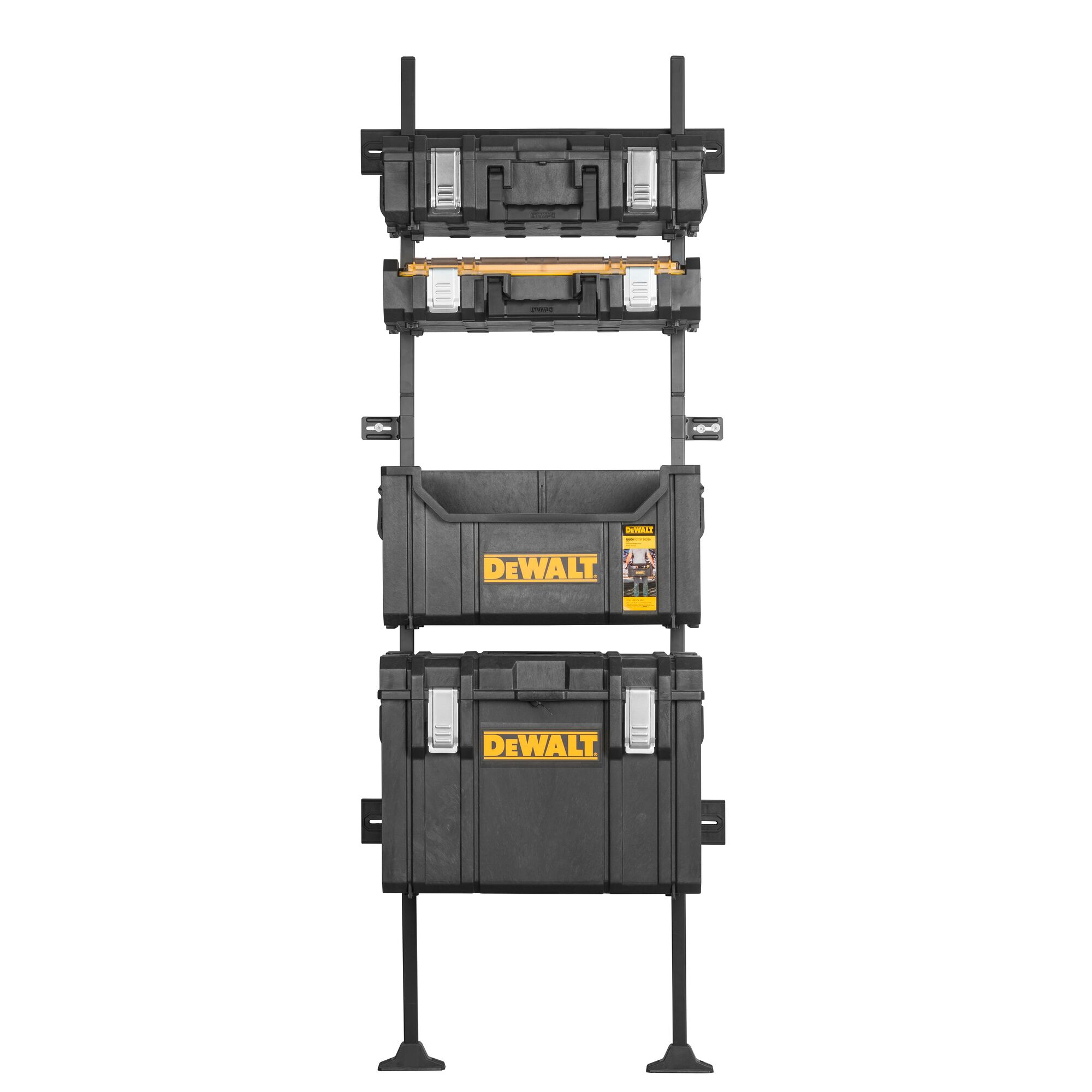 Stacked DEWALT black plastic tool storage boxes mounted vertically on a rack. Each box has the DEWALT logo in yellow and metal latches.