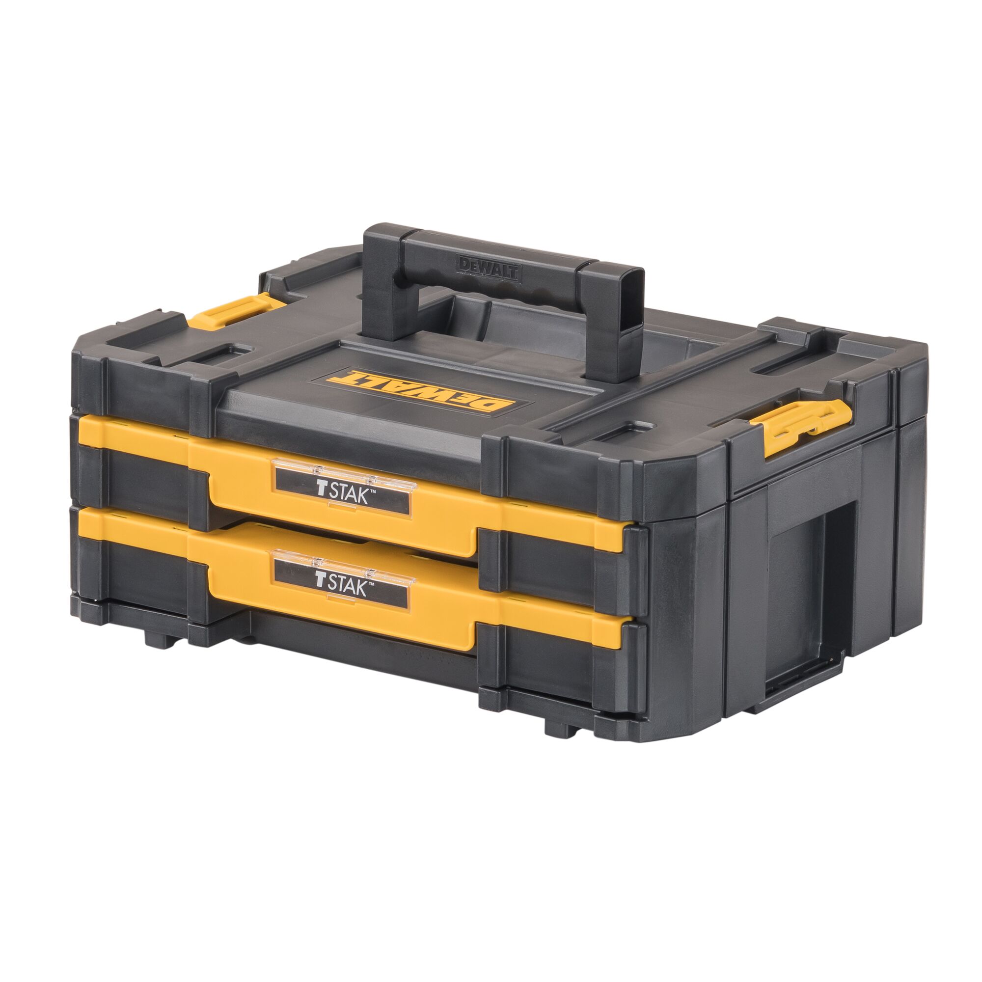 DEWALT TSTAK toolbox with two yellow front drawers, made of durable black plastic and featuring a sturdy handle on top.