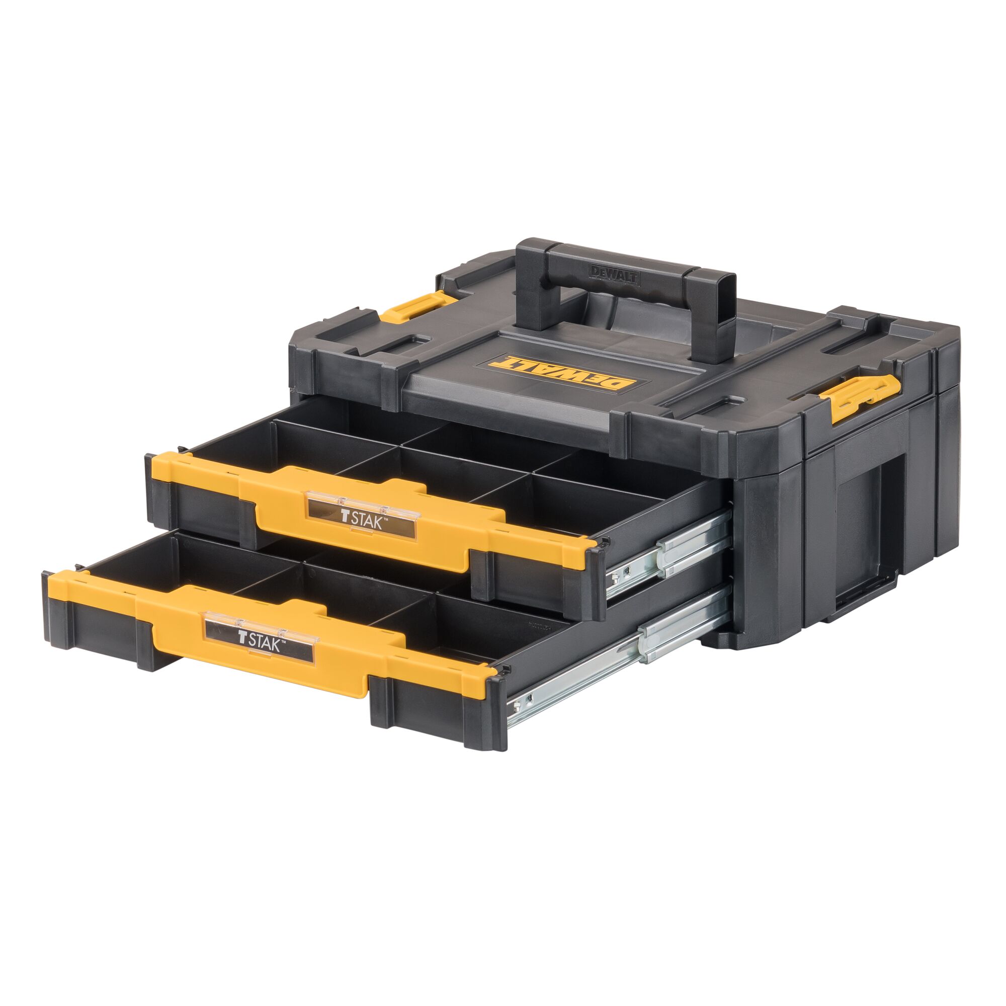 A black and yellow DEWALT TSTAK storage box with two slide-out drawers, each divided into compartments for organizing tools and accessories.