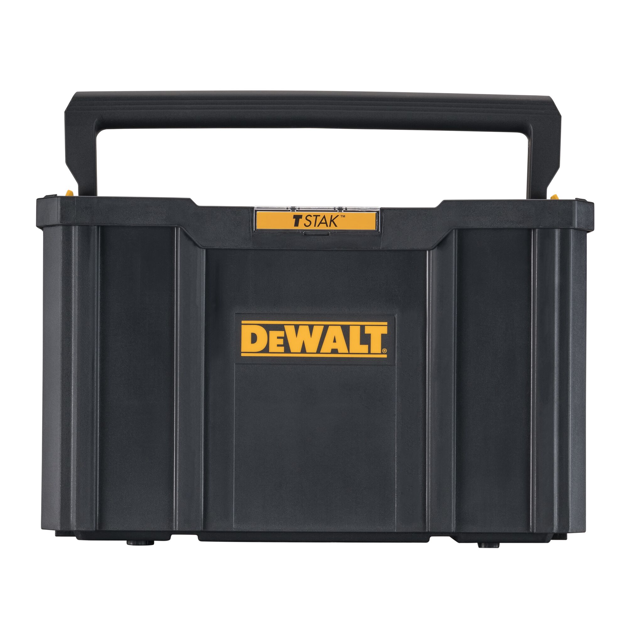 A black DEWALT TSTAK storage box with a large handle, designed for organizing and transporting tools.