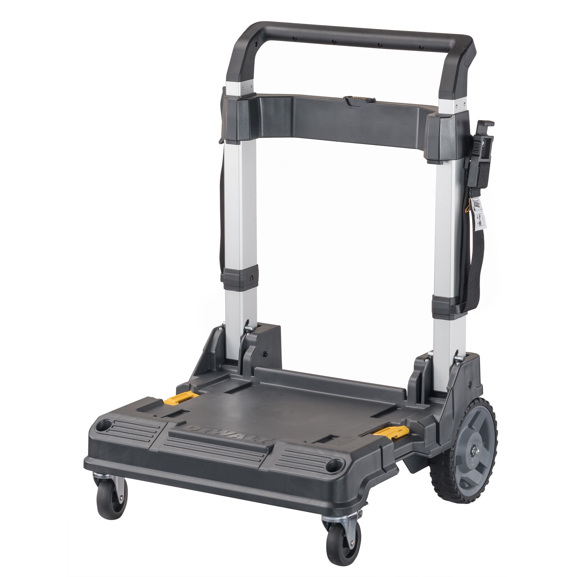 A DEWALT rolling cart with a sturdy handle and platform, designed for transporting heavy items. The cart has two large rear wheels and two smaller front swivel wheels.