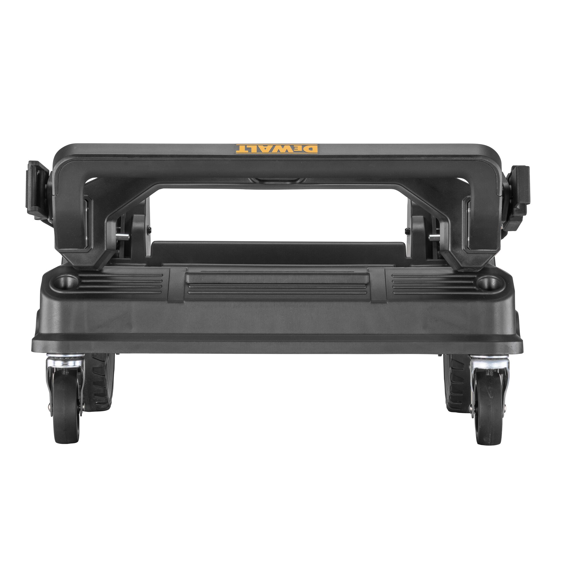 Front view of a DEWALT rolling tool trolley base, with four wheels and a sturdy handle, designed for transporting and organizing toolboxes.