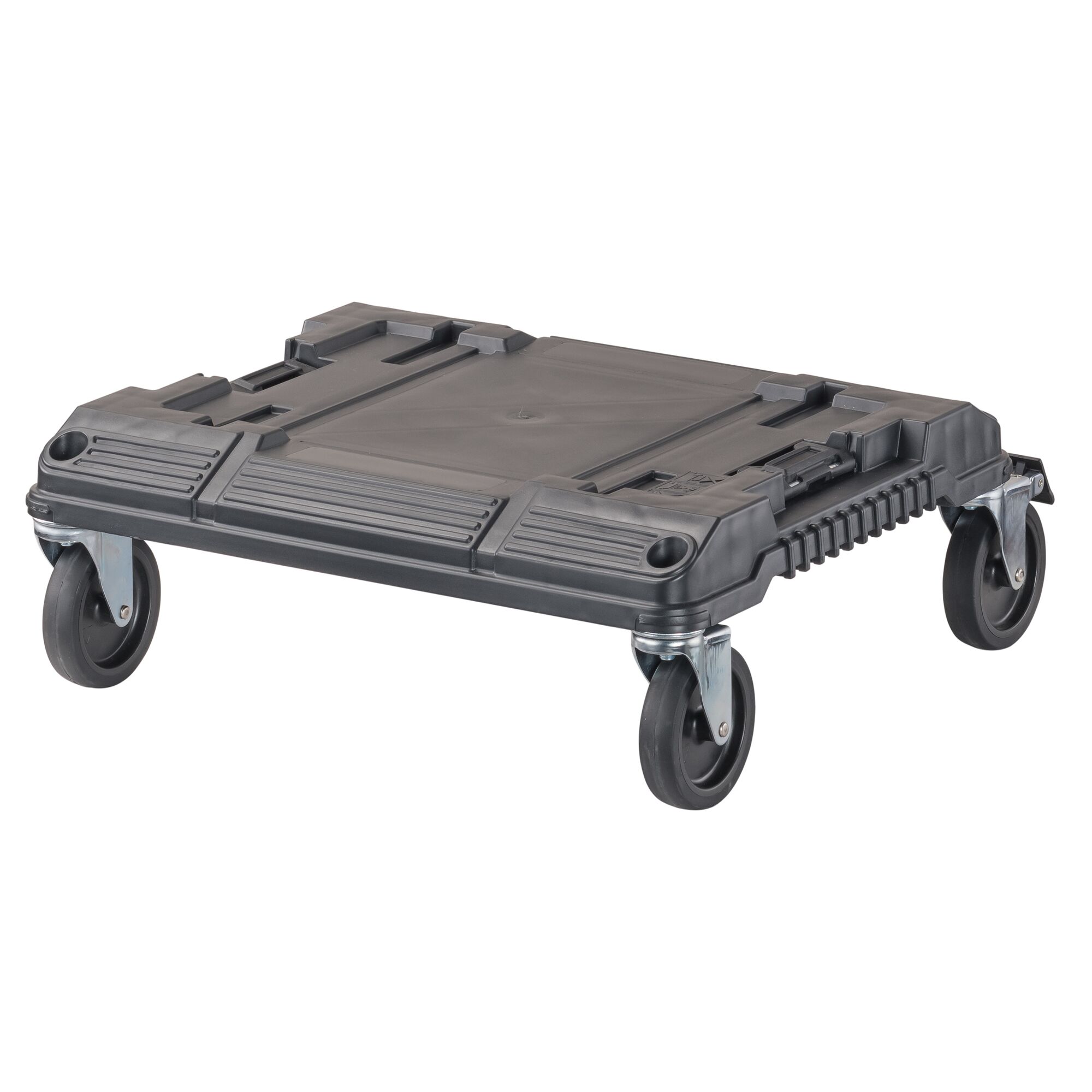 A black DEWALT rolling base platform with four swivel wheels, designed for transporting toolboxes or heavy equipment.