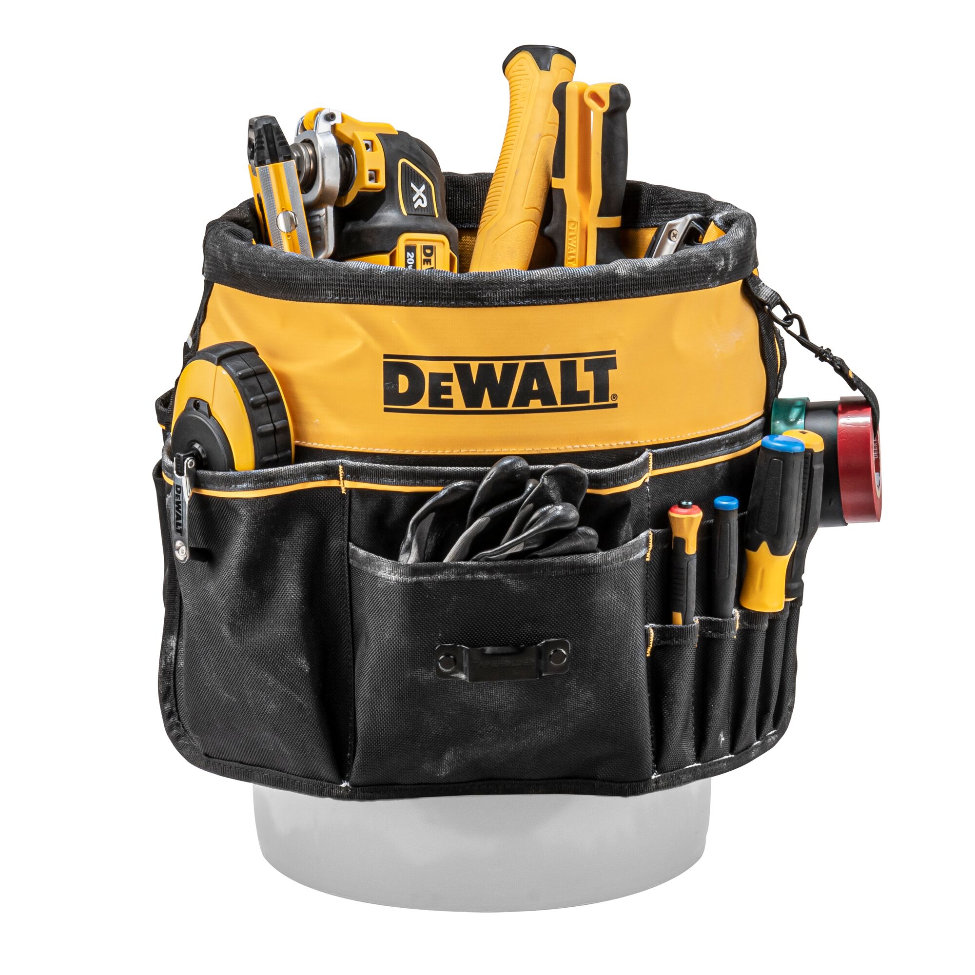 DEWALT® Bucket Tool Organizer featuring DEWALT® Hand Tools Around Bucket on White