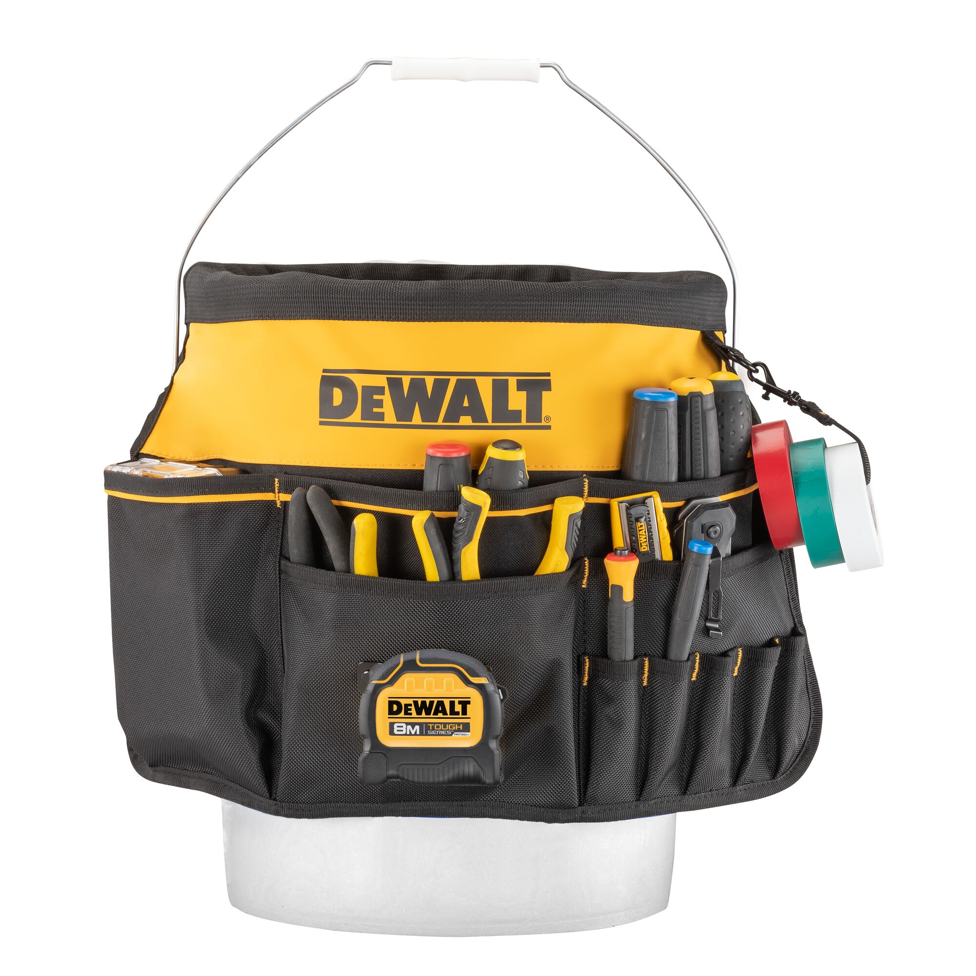 DEWALT® Bucket Tool Organizer featuring DEWALT® Hand Tools Around Bucket on White