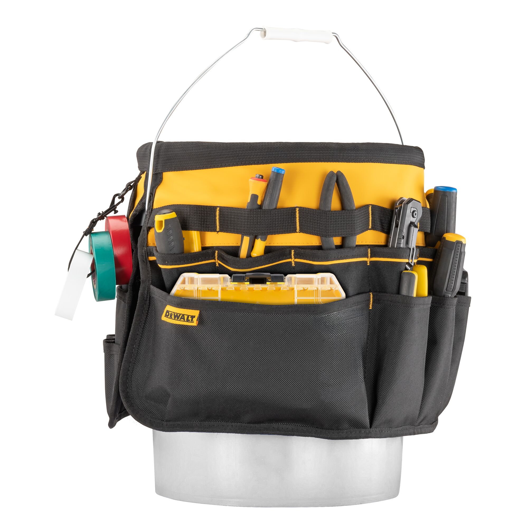 DEWALT® Bucket Tool Organizer featuring DEWALT® Hand Tools Around Bucket on White