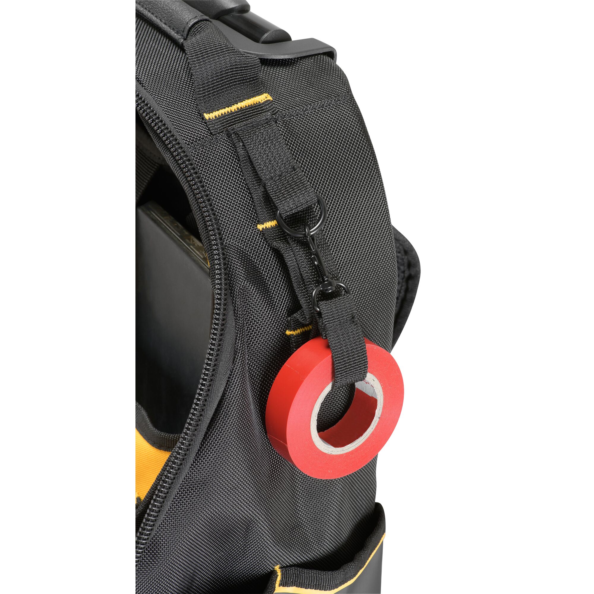 Close up of red electrician's tape hooked on Dewalt Pro Backpack on Wheels