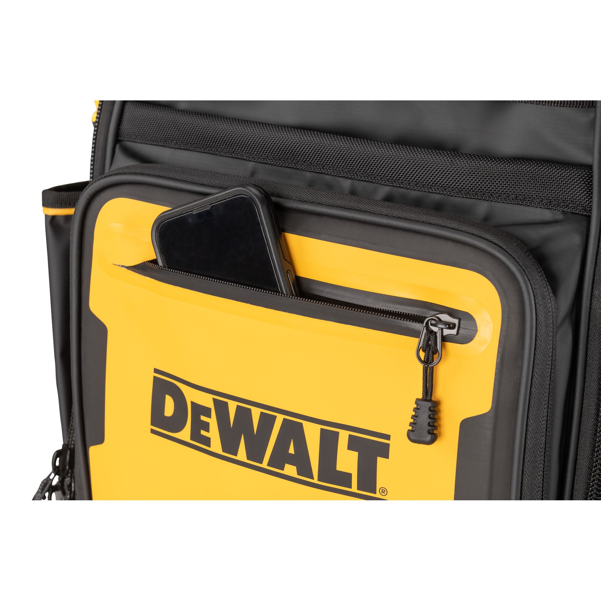 Dewalt Pro Backpack pockets filled with accessories and tools