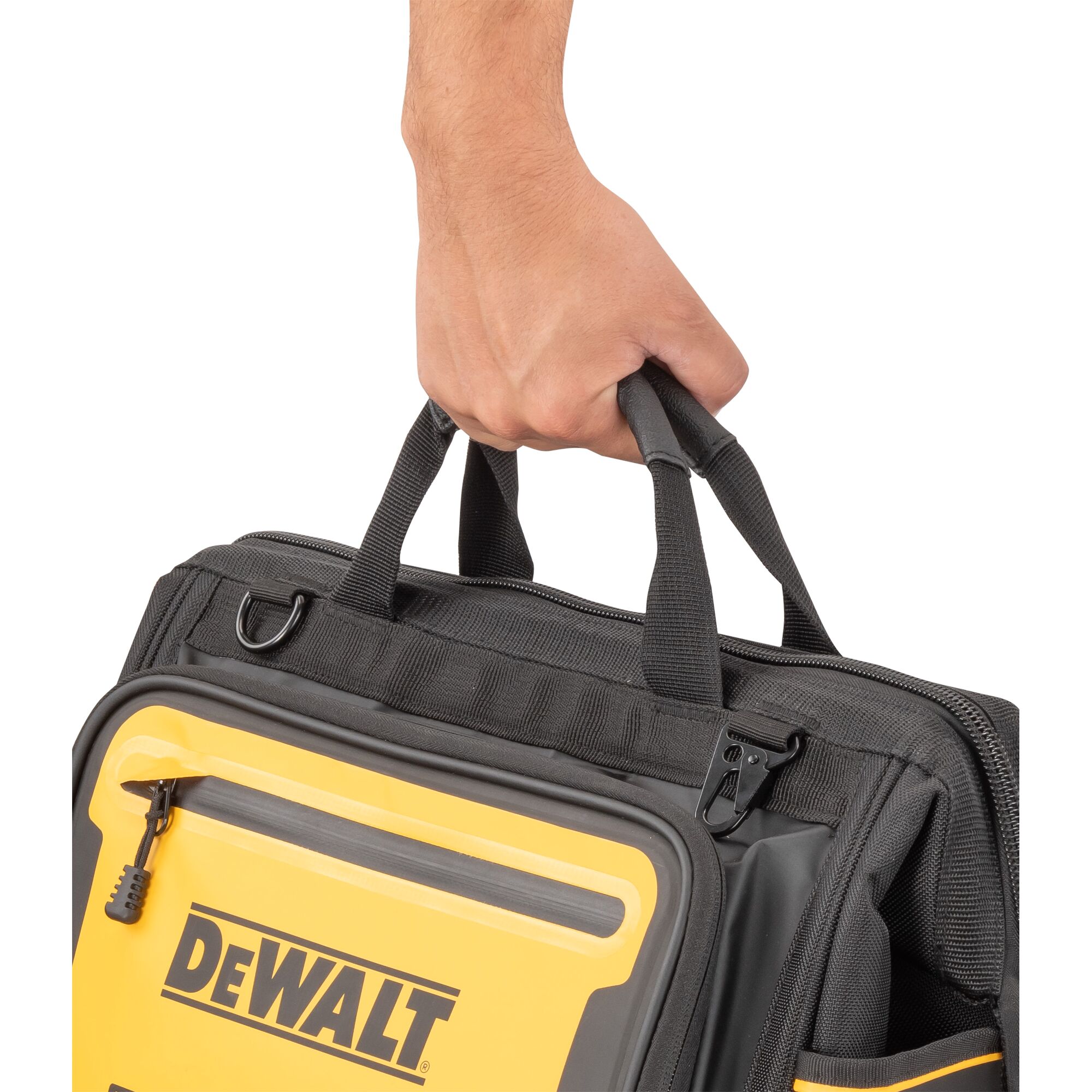 Dewalt 16" Pro Open Mouth Tool Bag being carried"