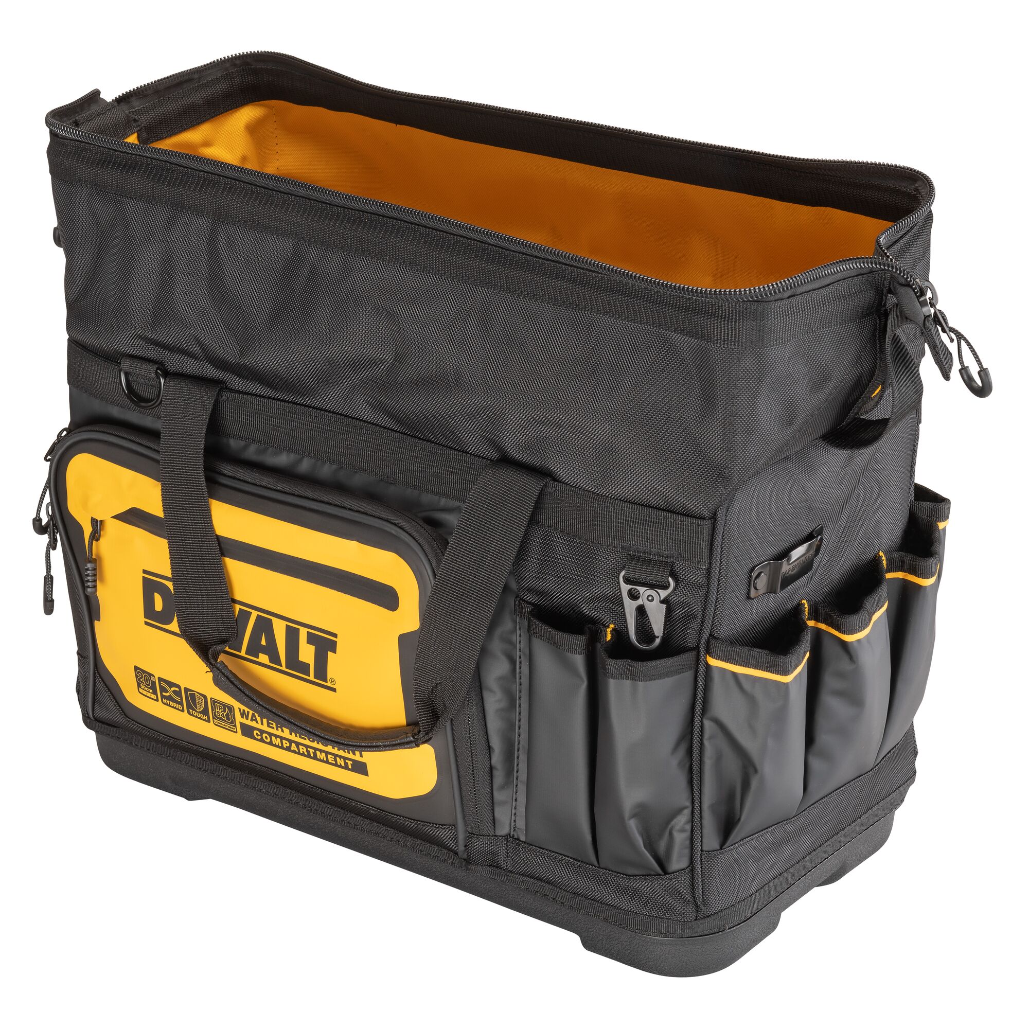 Angle view of an open Dewalt 20" Pro Open Mouth Tool Bag"