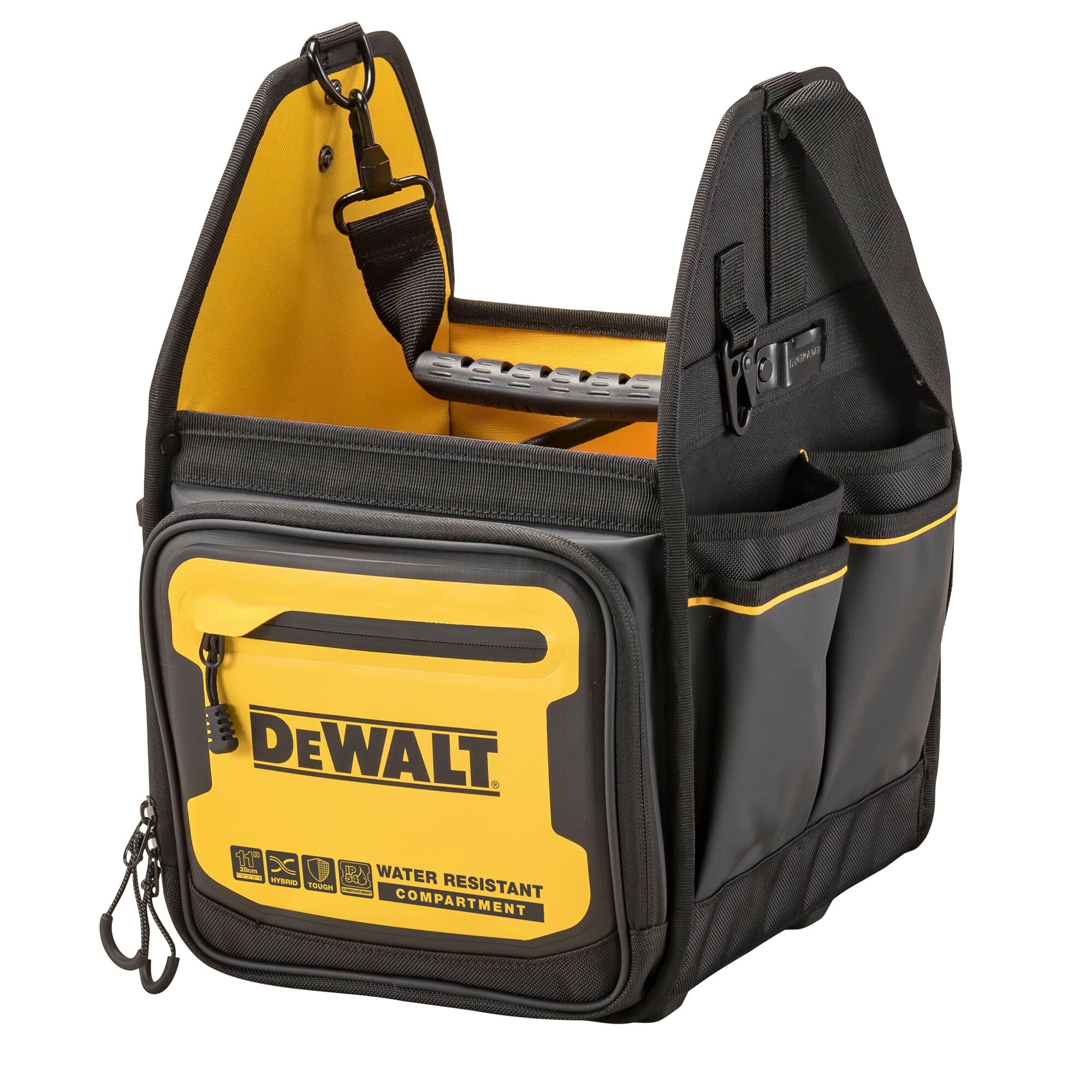 Angle view of the Dewalt 11" Pro Electrician Tote"