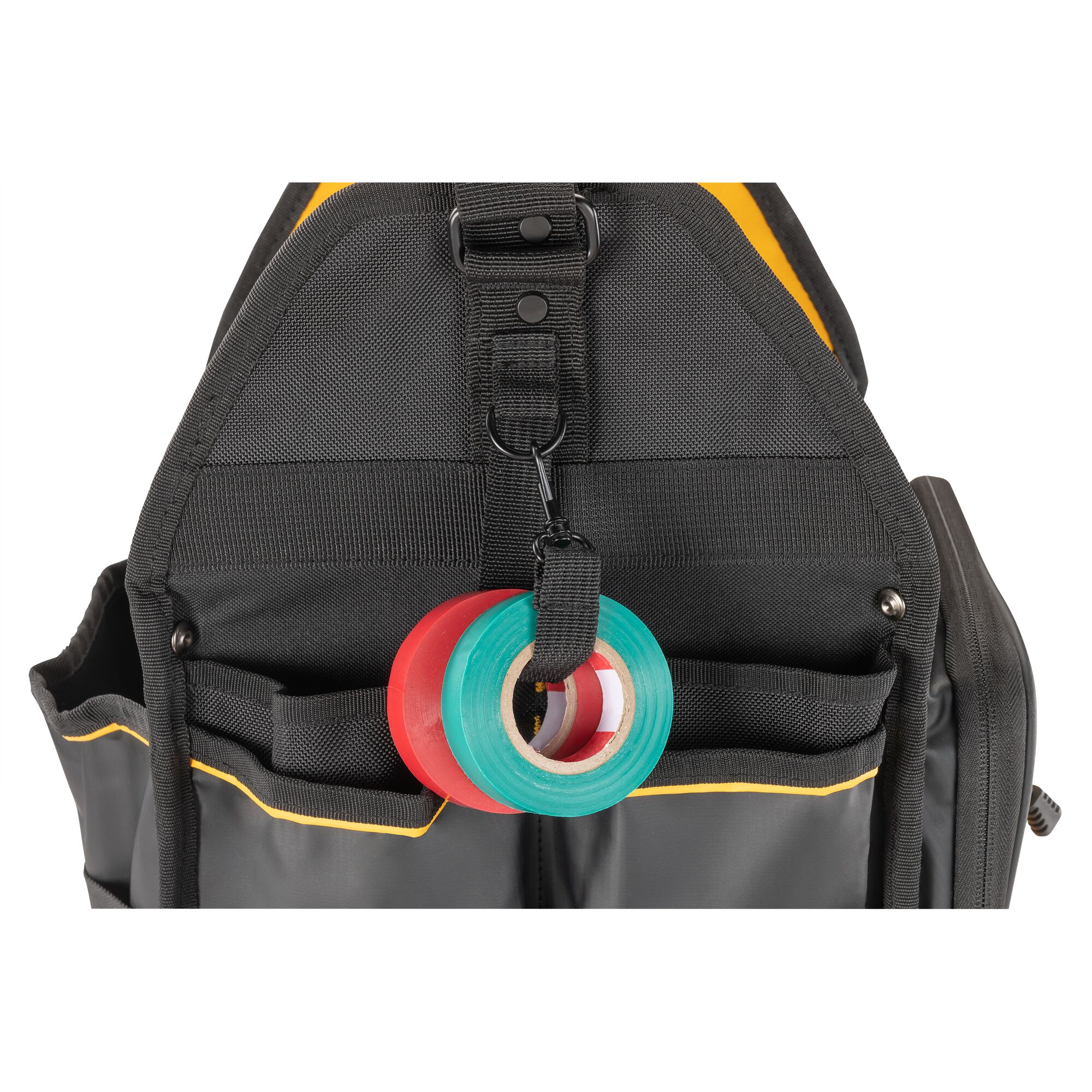 Close up of coloured electrician's tape hooked on the Dewalt 11" Pro Electrician Tote"