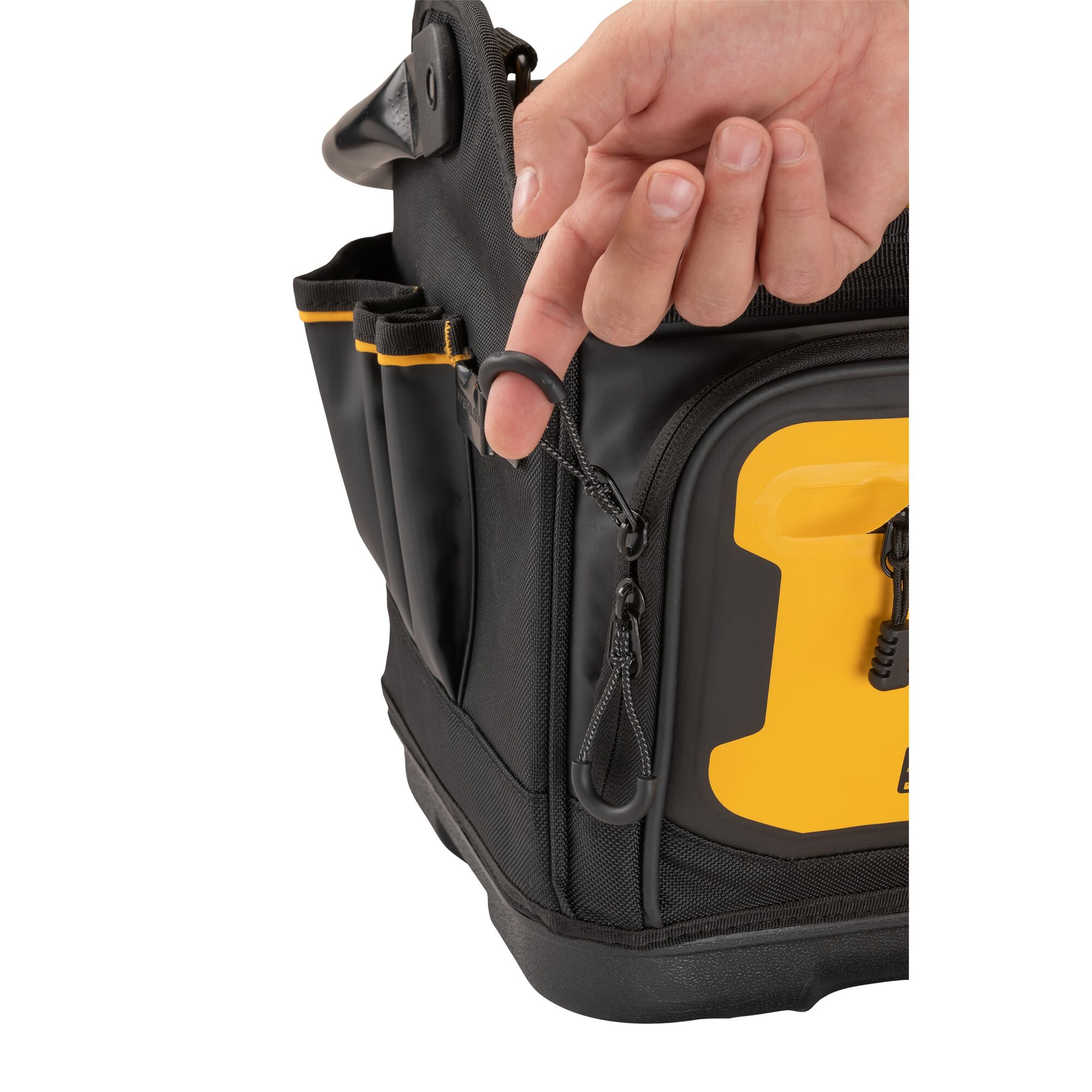 Close up of zip pull feature on Dewalt 20" Pro Tool Tote"