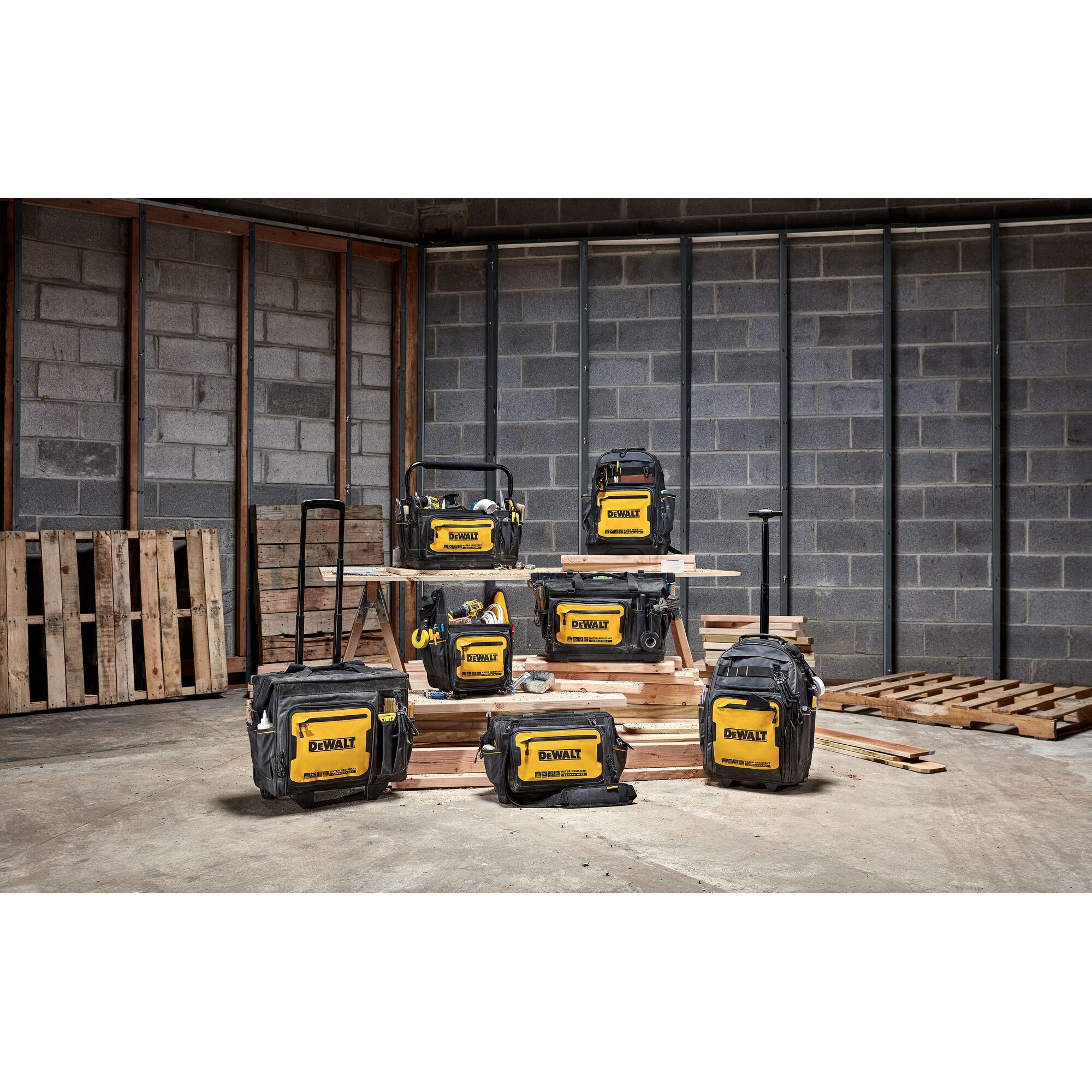 Group shot of DEWALT Soft Storage solutions featuring DWST60101-1, DWST60102-1, DWST60103-1, DWST60104-1, DWST60105-1, DWST60106-1 and DWST60107-1