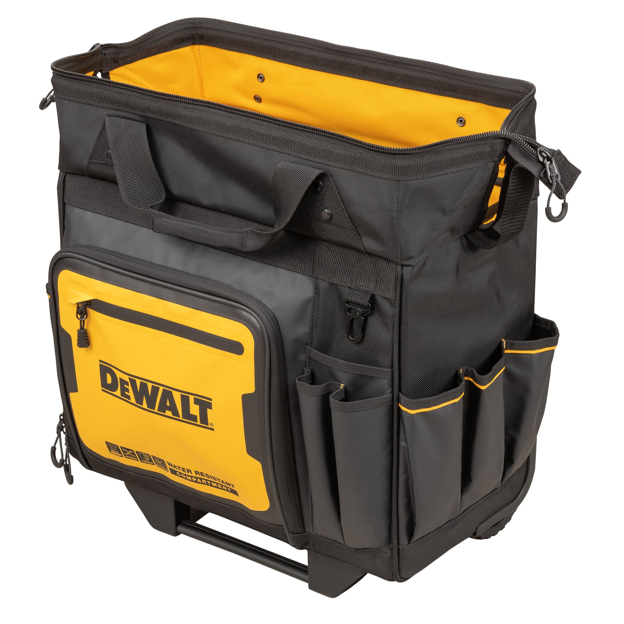 Angle view of an open Dewalt 18" Pro Rolling Tool Bag  "