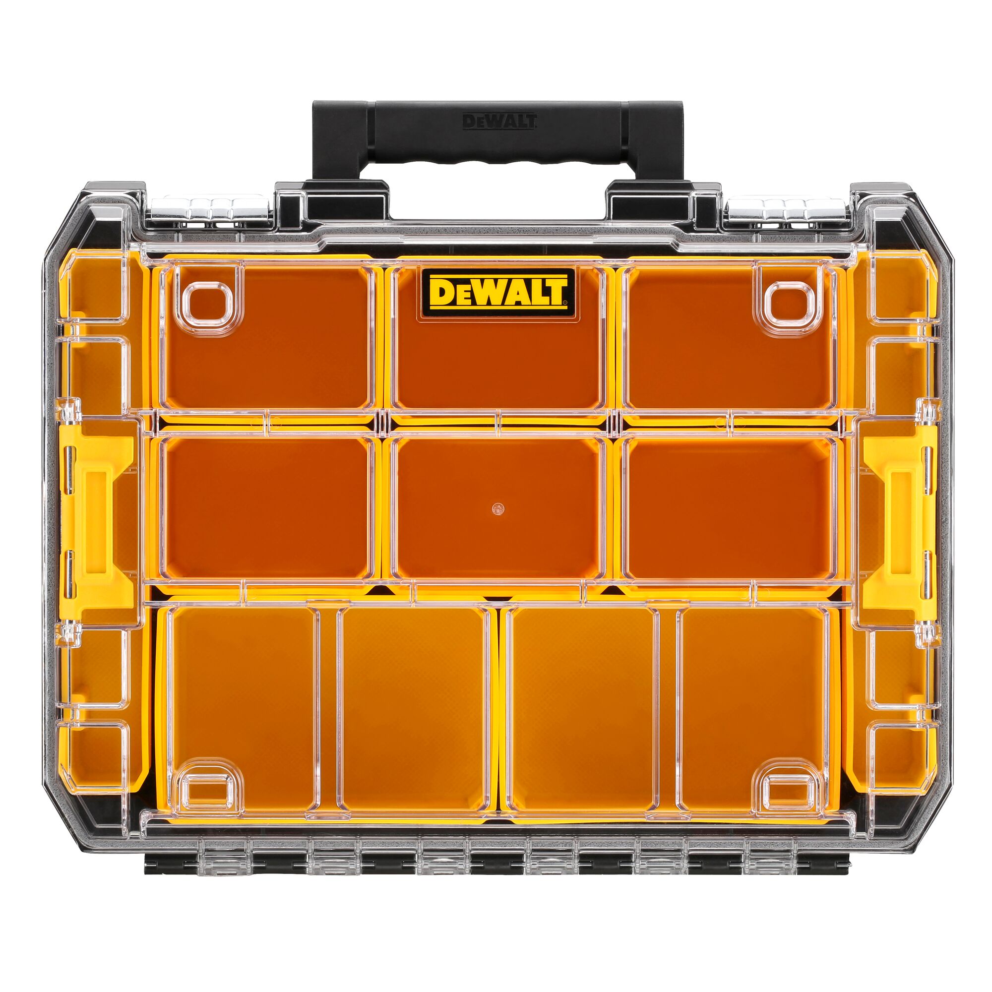 Front view of a DEWALT DWST82968-1 organizer case with a transparent lid, yellow interior, multiple storage compartments, and a black handle.