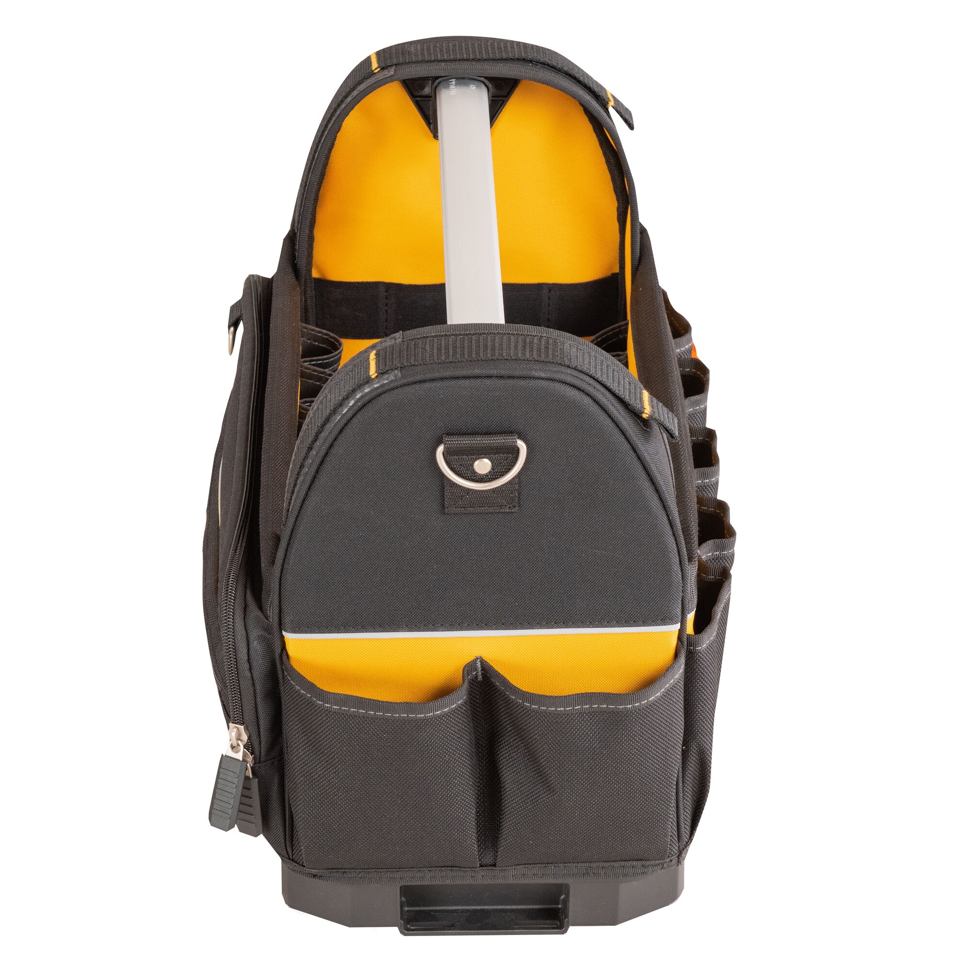 A black and yellow DEWALT tool bag with multiple compartments and pockets, viewed from the front. The bag features a sturdy handle and exterior pockets for organizing tools.