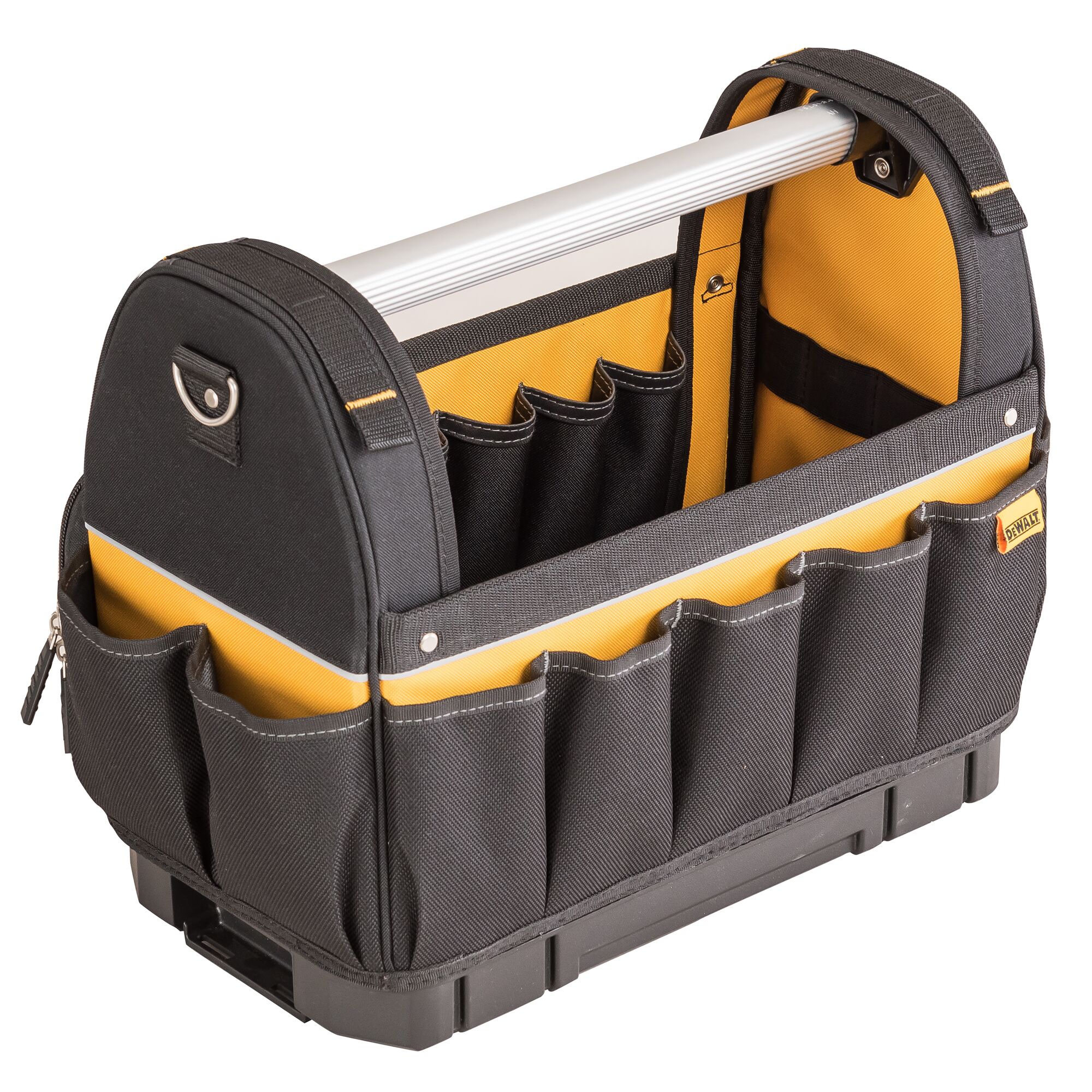 A DEWALT branded open-top tool bag with multiple external and internal pockets, a sturdy base, and a metallic carrying handle. The bag features black and yellow fabric and is designed for organizing and transporting tools.