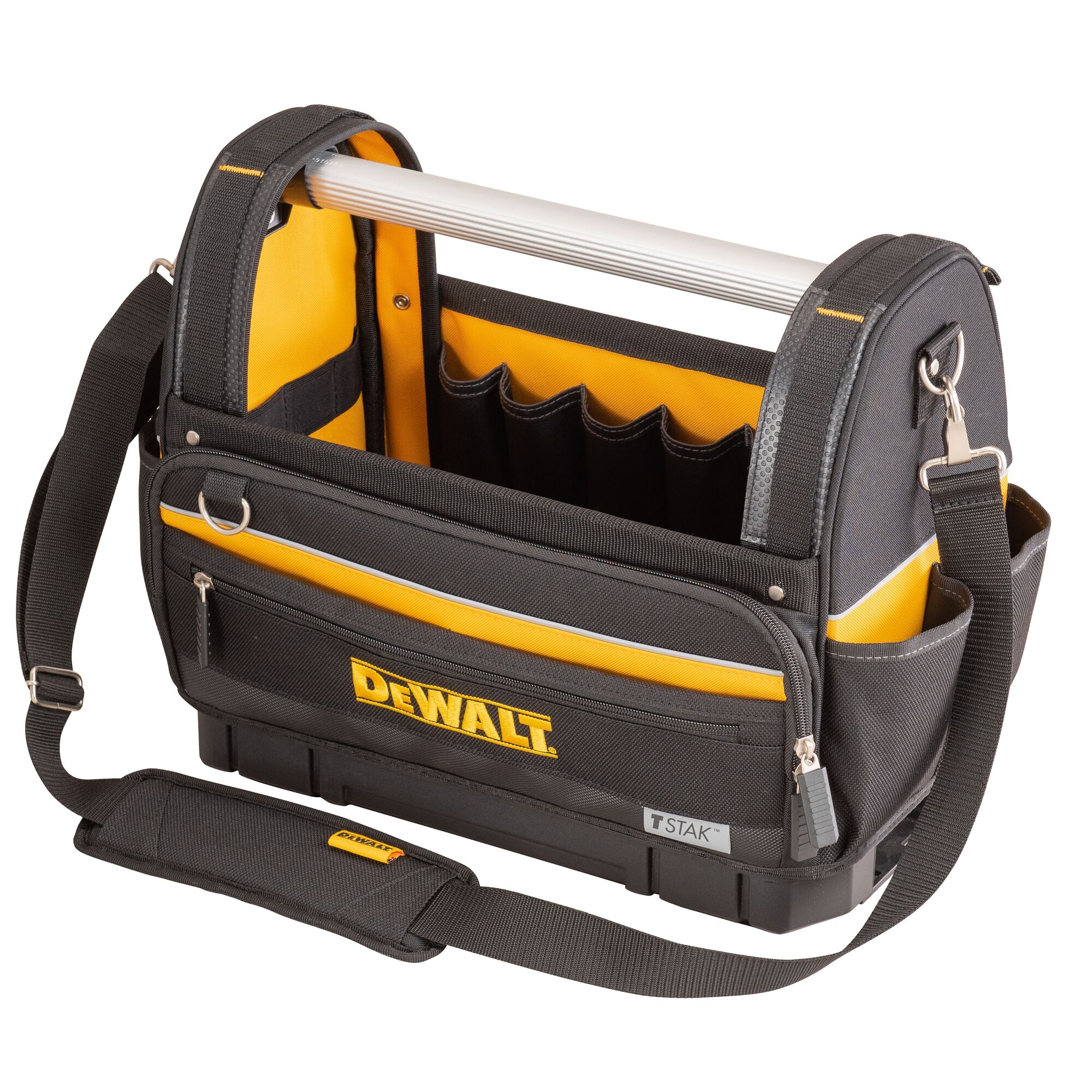 A black and yellow DEWALT tool bag with multiple compartments, an aluminum handle, and a shoulder strap.