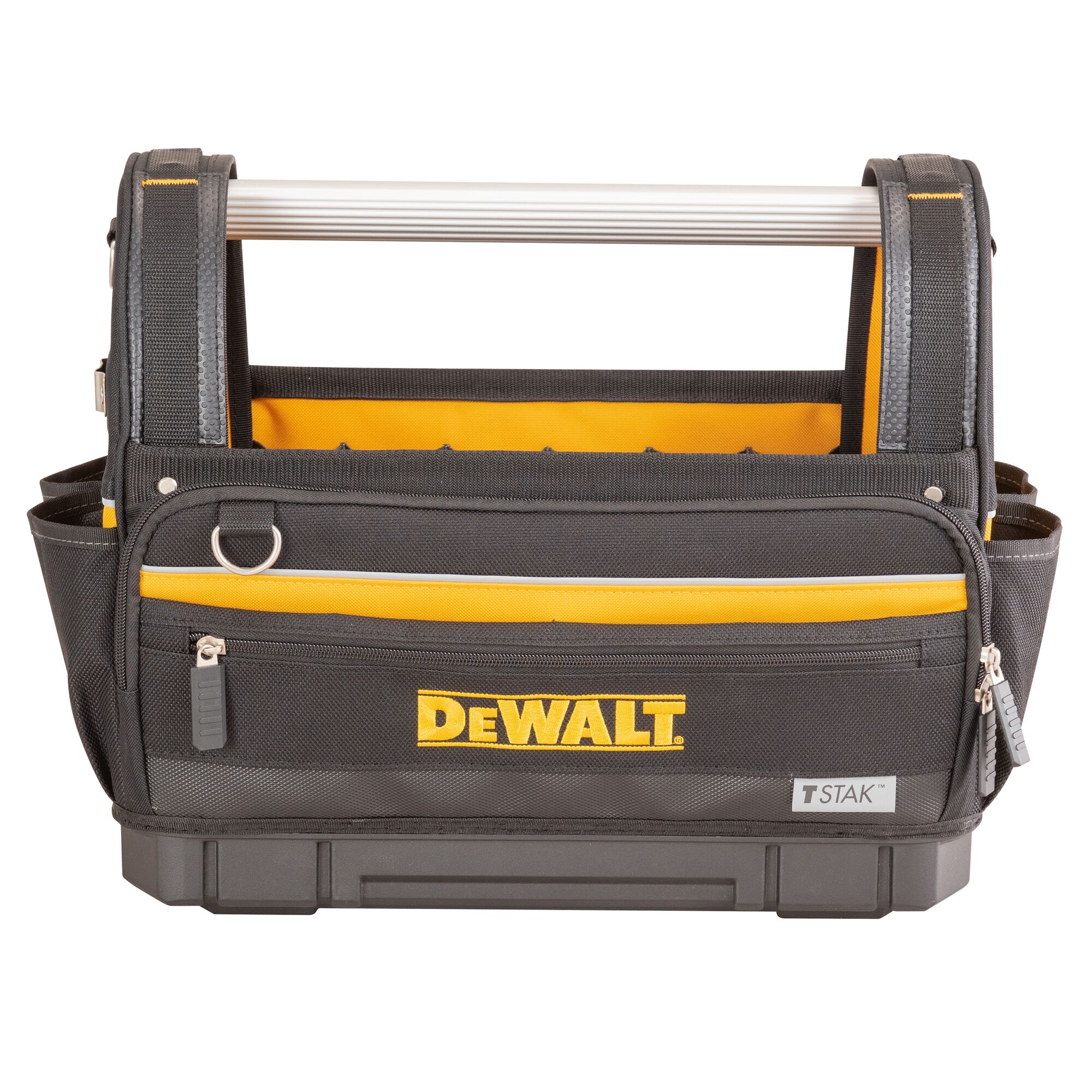 A DEWALT branded tool bag with a sturdy metal handle, black and yellow color scheme, multiple exterior pockets, and a zippered front pocket, designed for carrying and organizing tools.