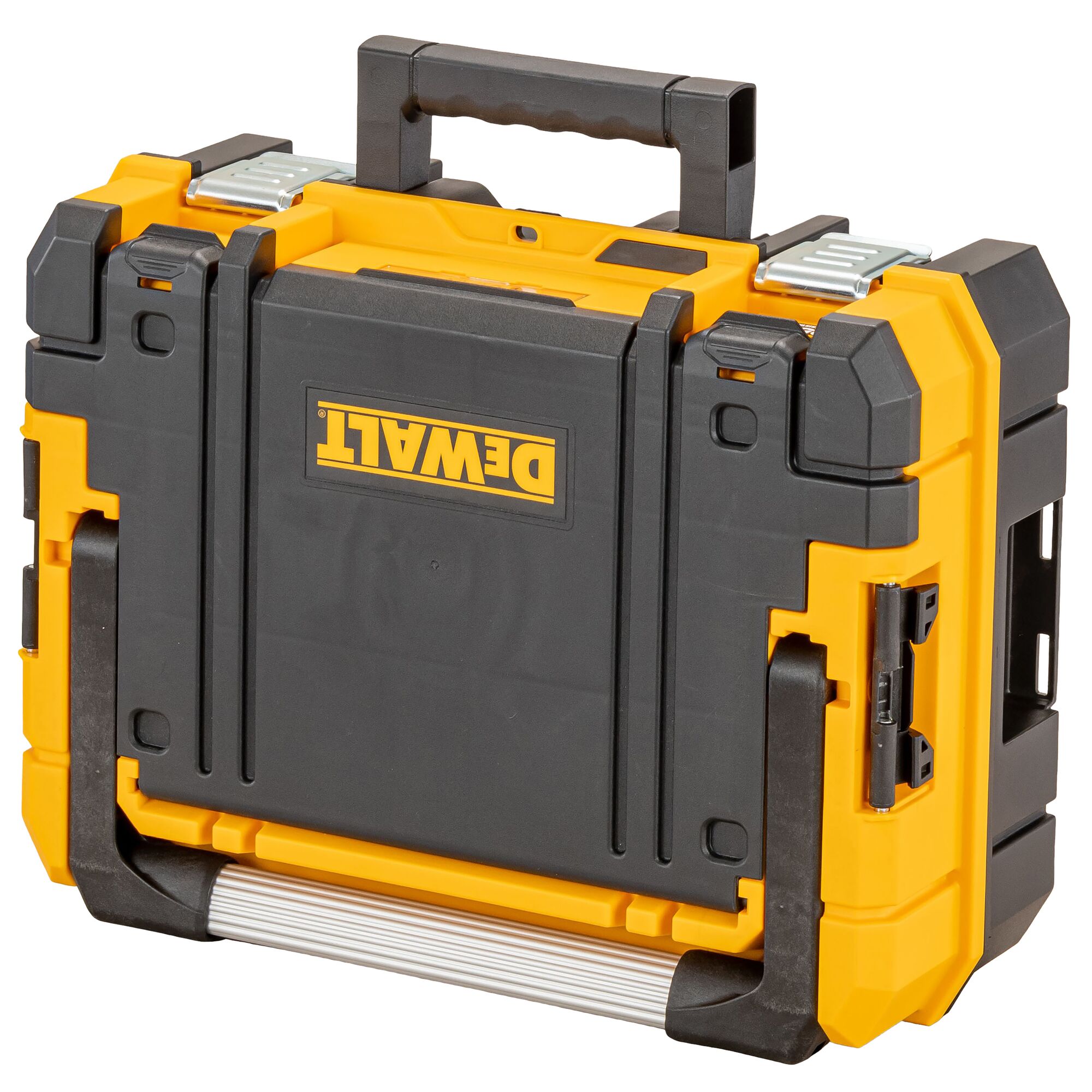 A DEWALT branded black and yellow hard plastic toolbox with a sturdy handle and metal latches, designed for secure storage and transport of tools.