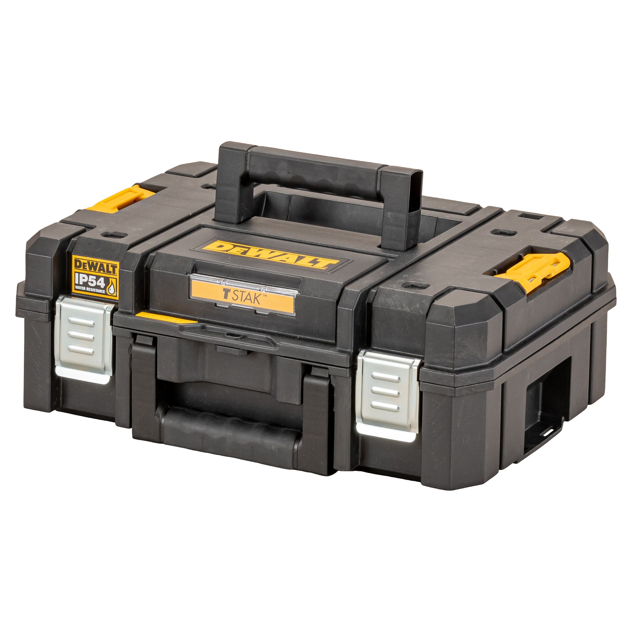 A black and yellow DEWALT TSTAK storage case with a sturdy handle, metal latches, and labeled IP54 water resistance, designed for secure tool organization and transport.