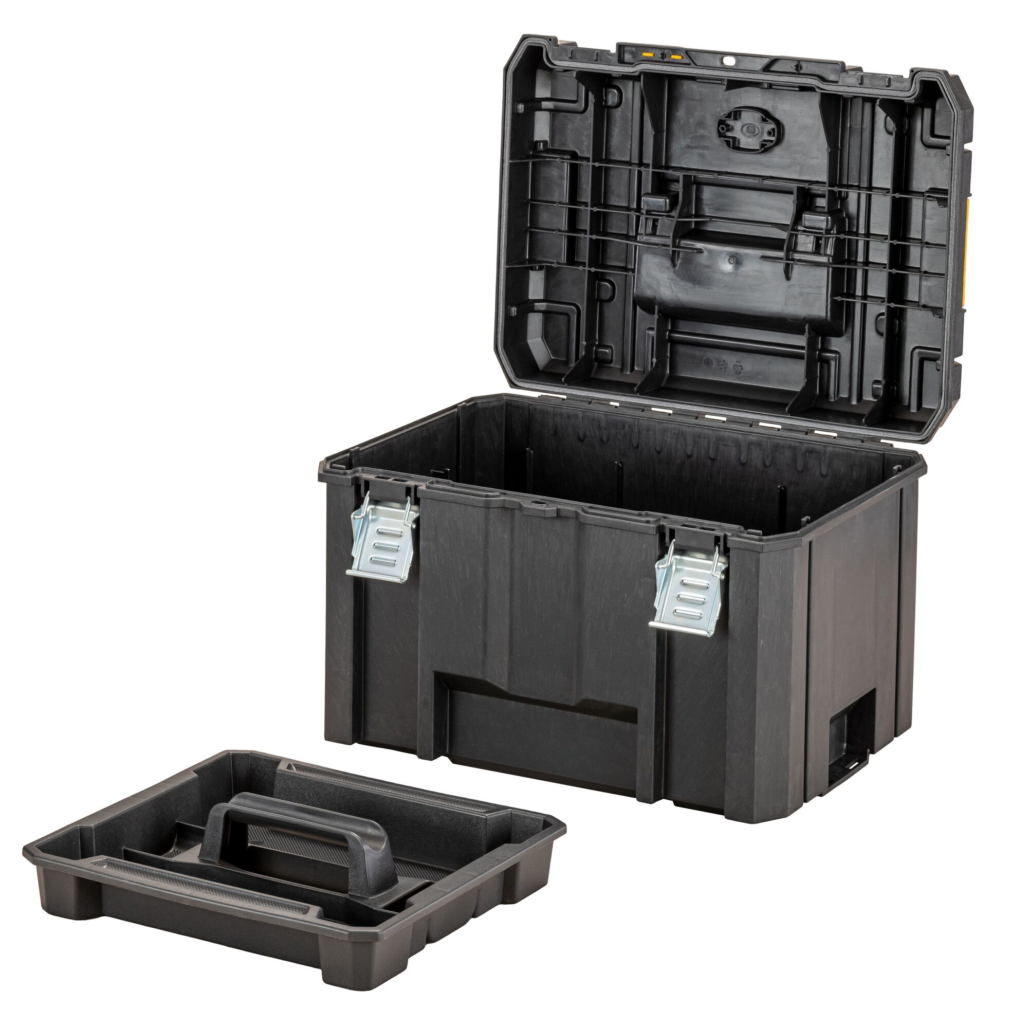 A black DEWALT tool storage box with its lid open, showing the empty interior and two metal latches. A removable tray with a handle is placed in front of the box.