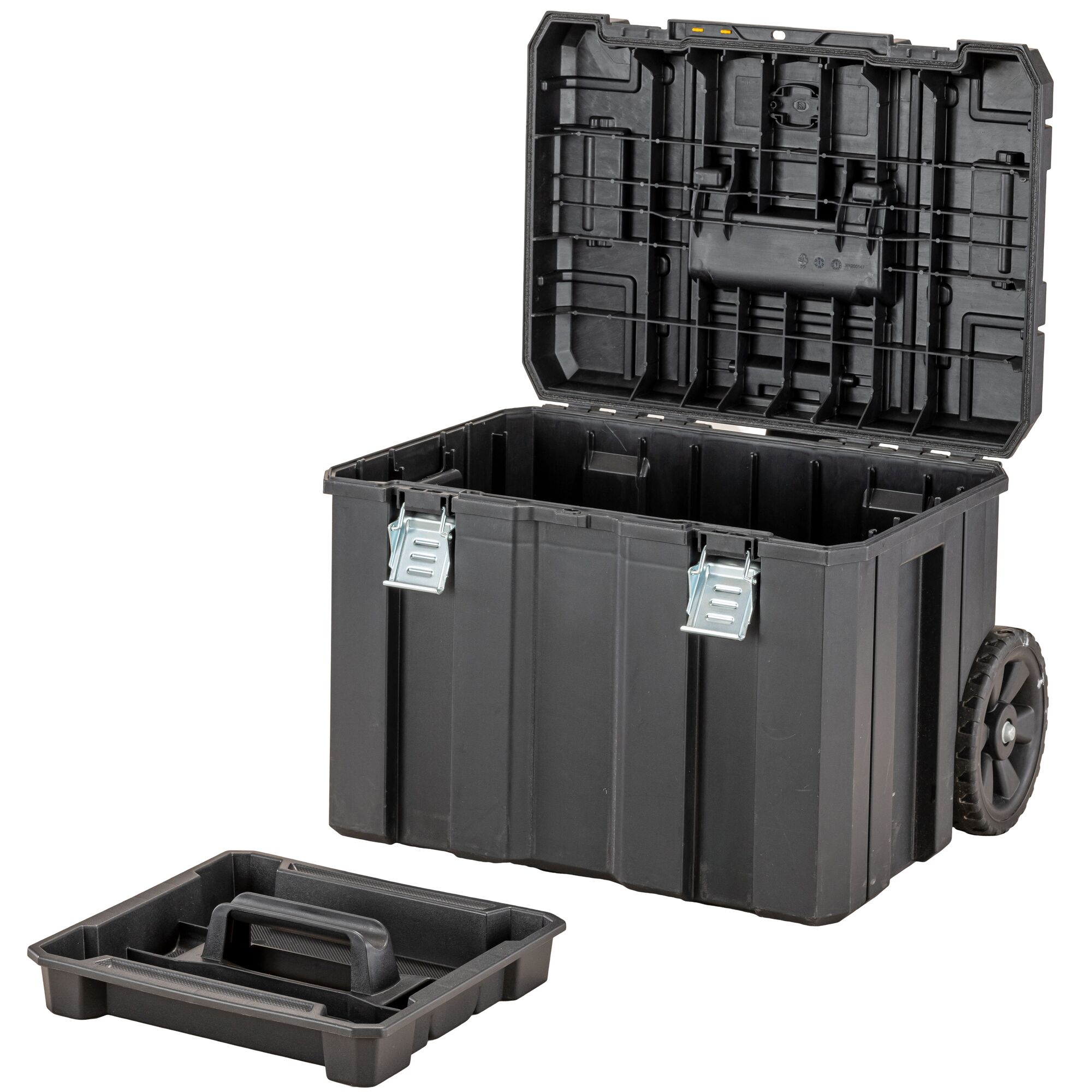 Black wheeled tool box with open lid and removable tray placed in front.