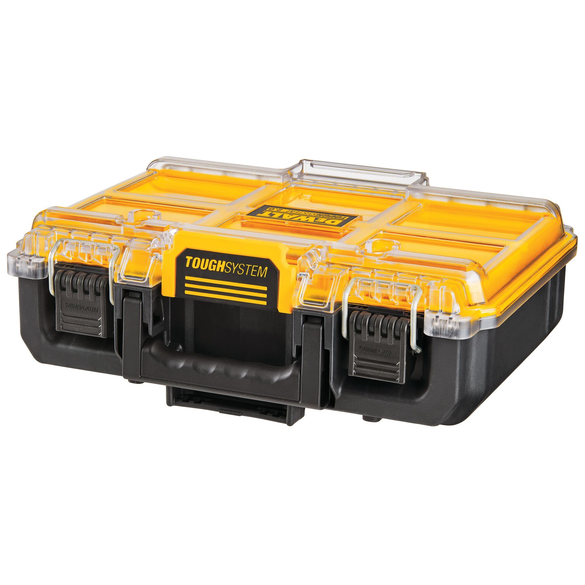 A DEWALT ToughSystem plastic tool case with a transparent lid, yellow accents, black base, and secure latches, designed for durable storage and transportation of tools.