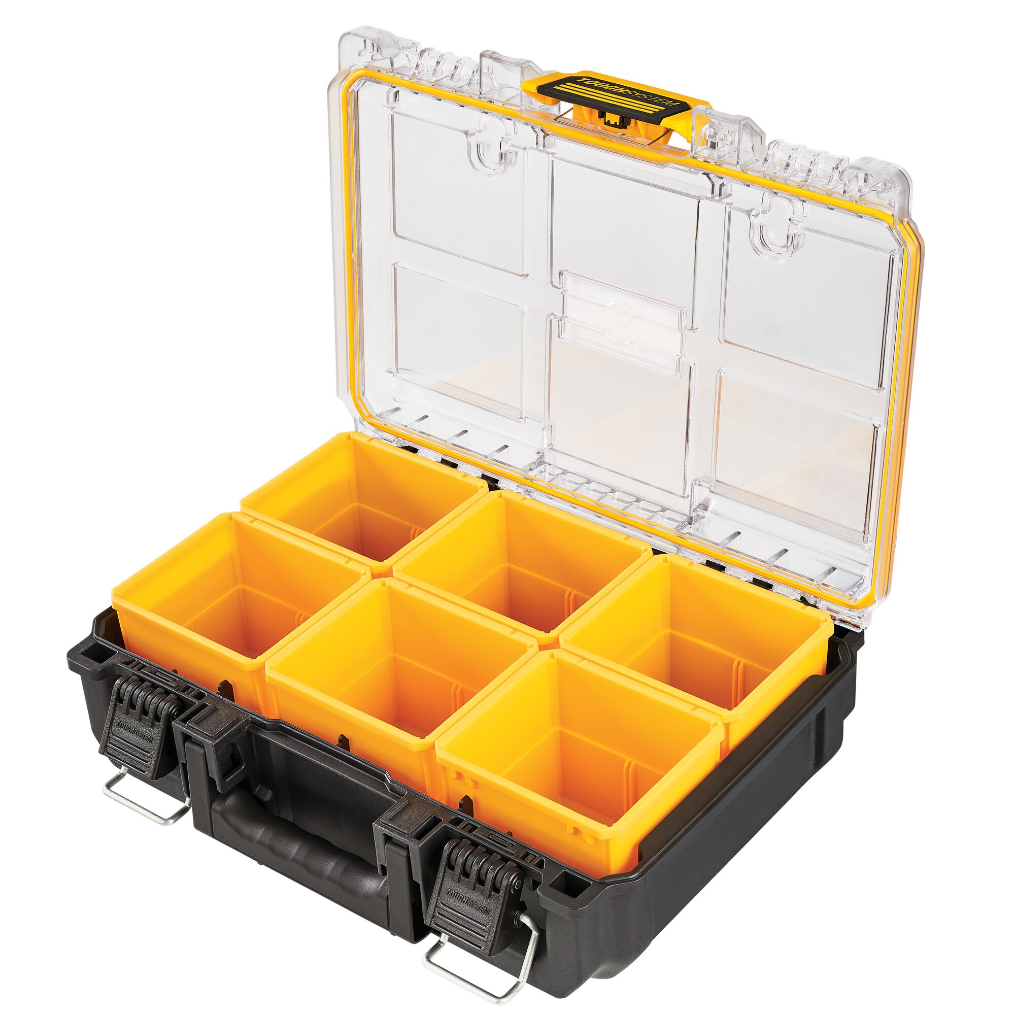 A DEWALT storage organizer with six yellow removable compartments and a transparent lid, designed for holding small tools or accessories.