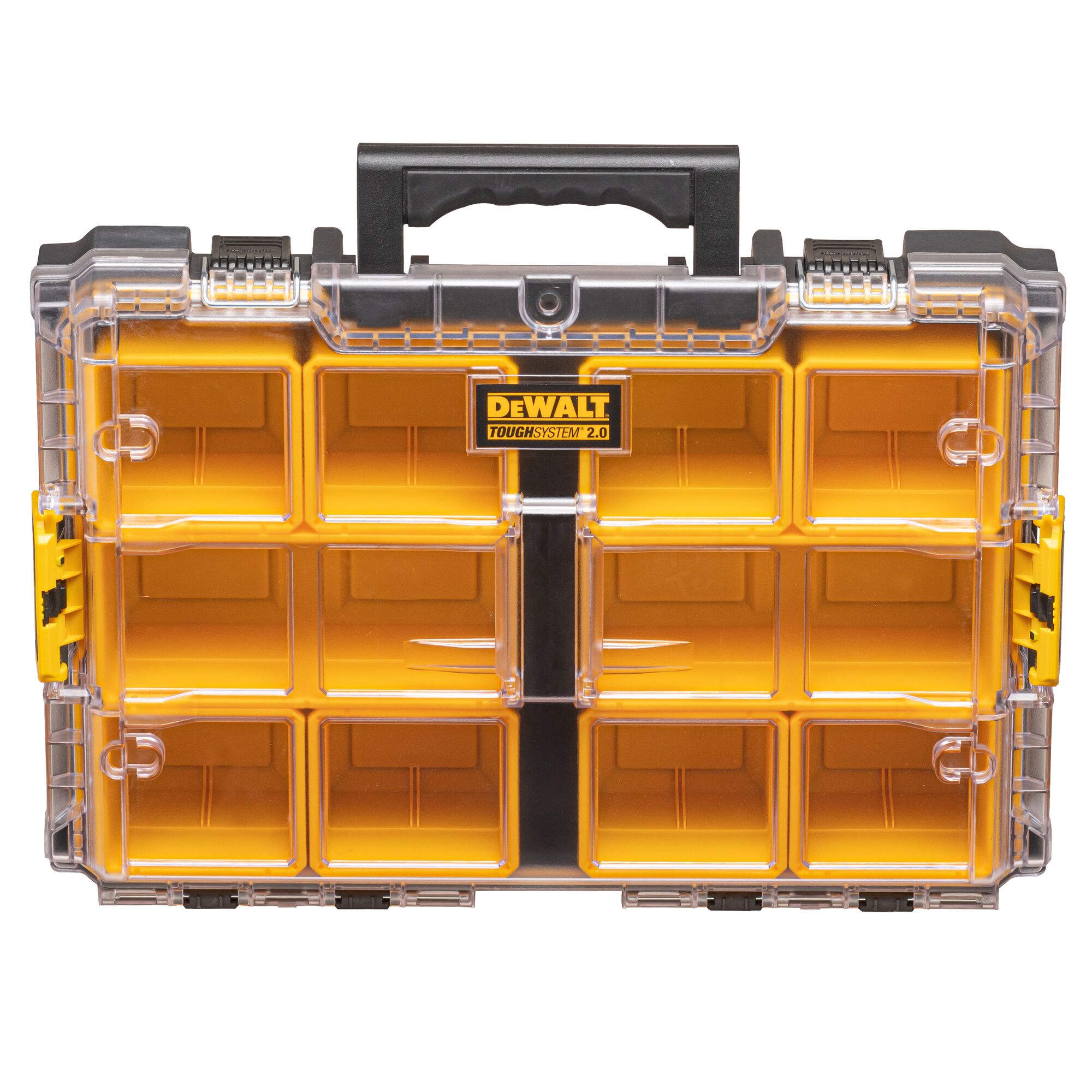 Front view of a DEWALT ToughSystem 2.0 organizer with a clear lid, black handle, yellow compartments, and secure latches.