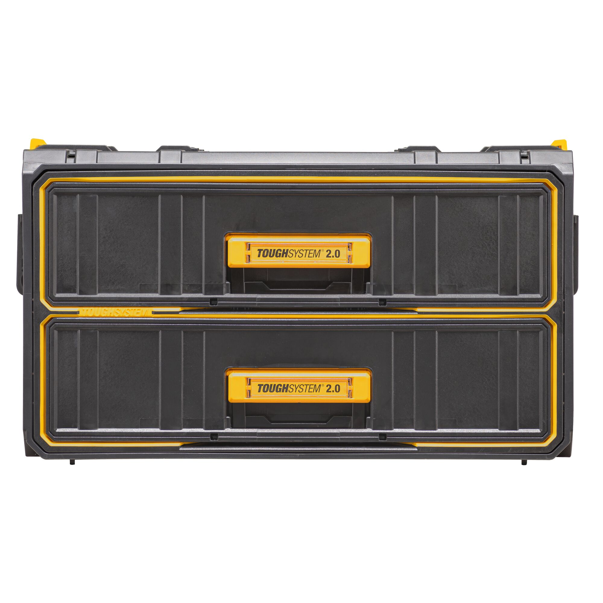 Front view of a DEWALT ToughSystem 2.0 black storage unit with two drawers and yellow handles. The product features a durable, stackable design, suitable for organizing tools or photography equipment.