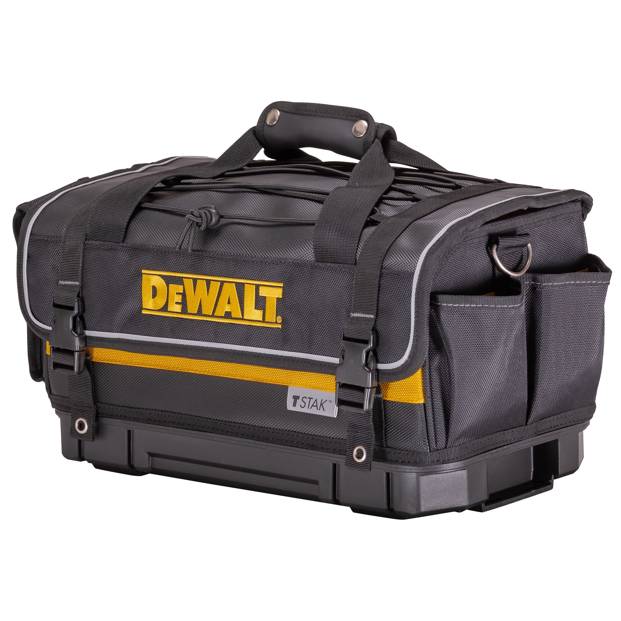 A black and yellow DEWALT TSTAK tool bag with multiple pockets, secure buckles, and a padded handle, designed for carrying tools and accessories.