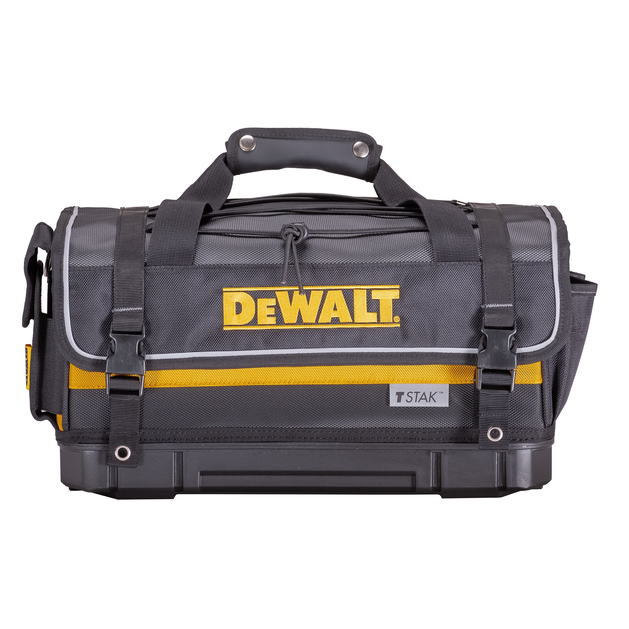 A DEWALT branded black and yellow photography tool bag with a sturdy handle, adjustable straps, and a TSTAK label on the front. The bag is designed for durability and has reinforced corners.