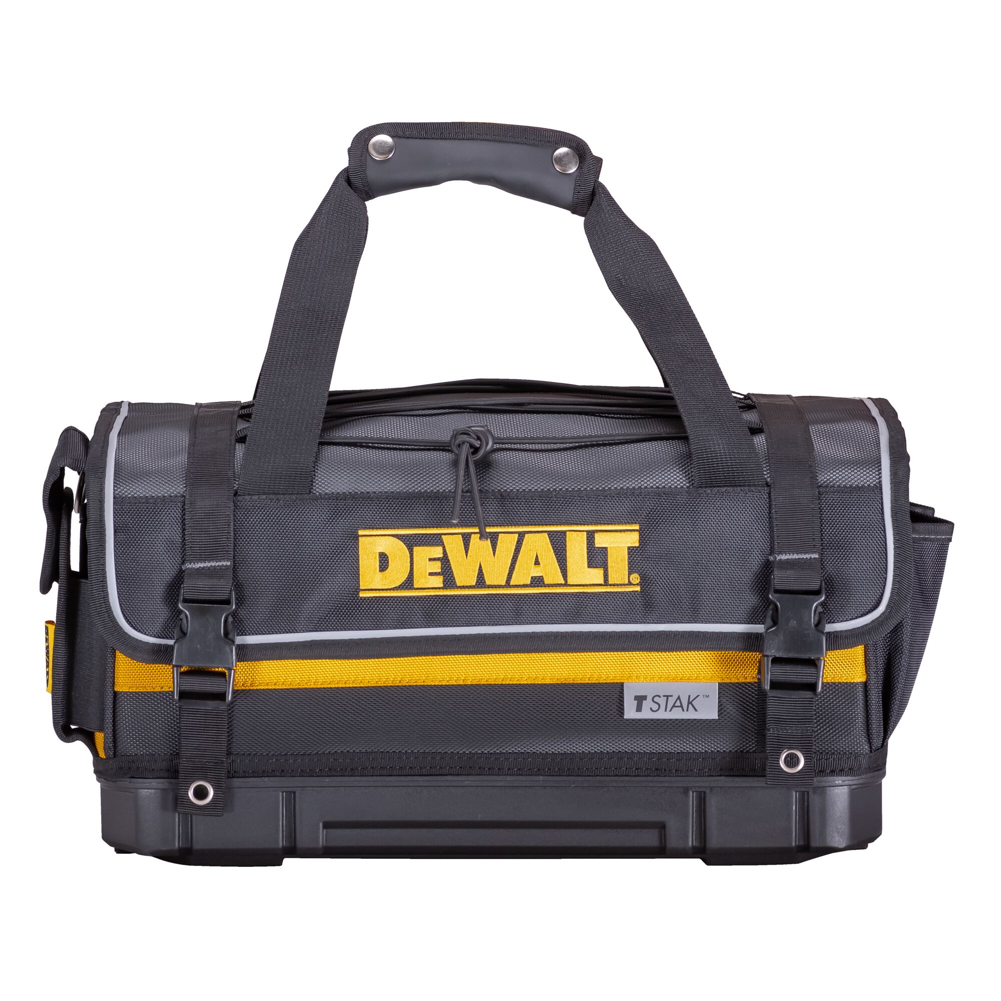 A black and yellow DEWALT TSTAK tool bag with sturdy handles and a reinforced base, designed for carrying tools and accessories.