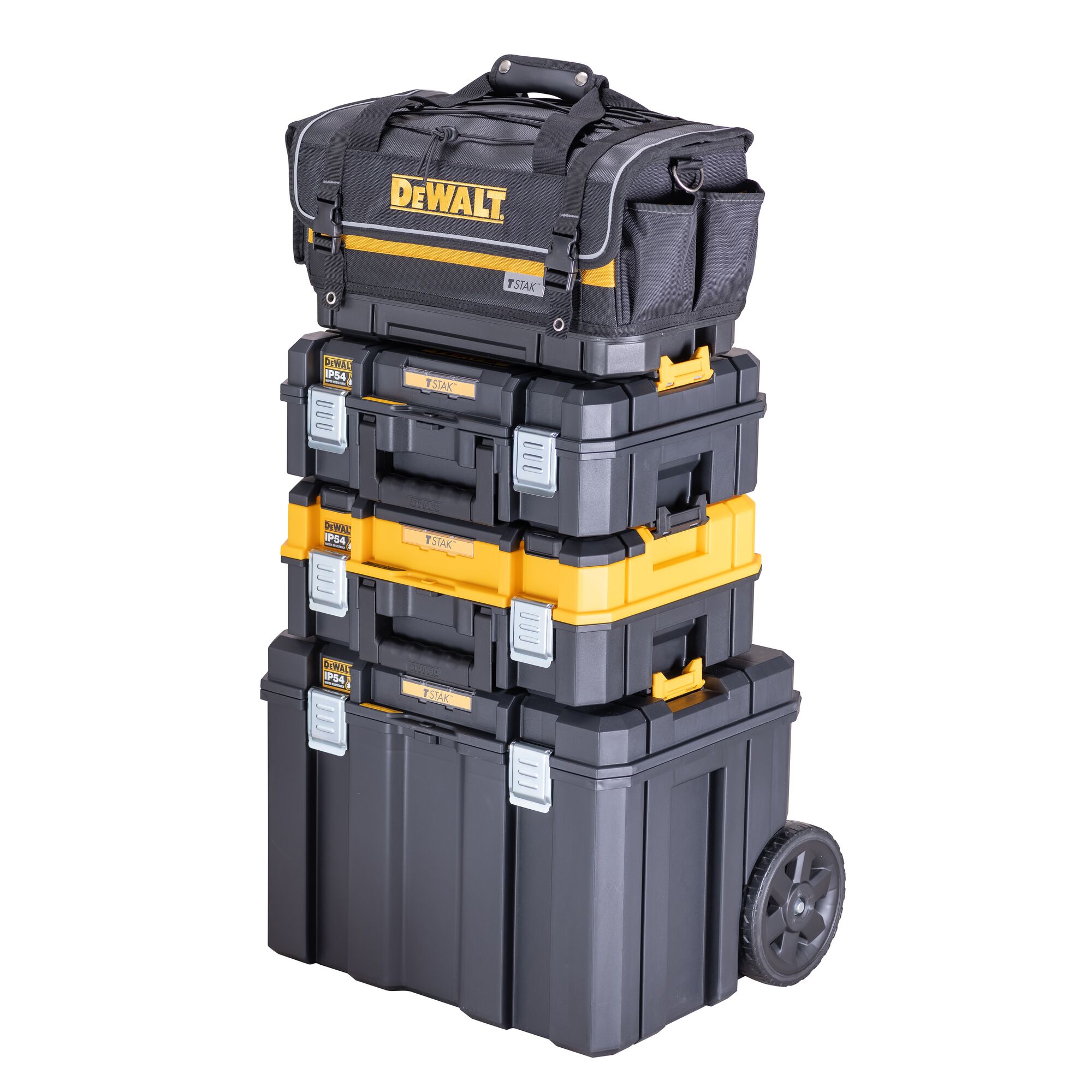 A stack of DEWALT TSTAK modular toolboxes and a tool bag, all in black and yellow, with the lower toolbox featuring wheels for mobility.
