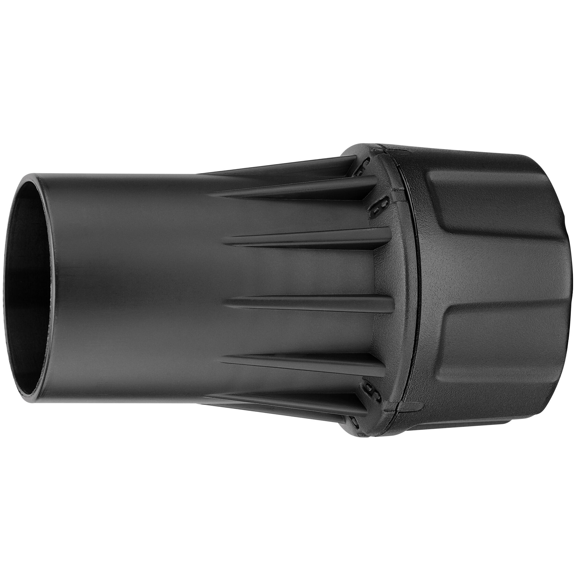 A black cylindrical plastic adapter accessory for vacuum or dust extraction systems, shown against a white background.